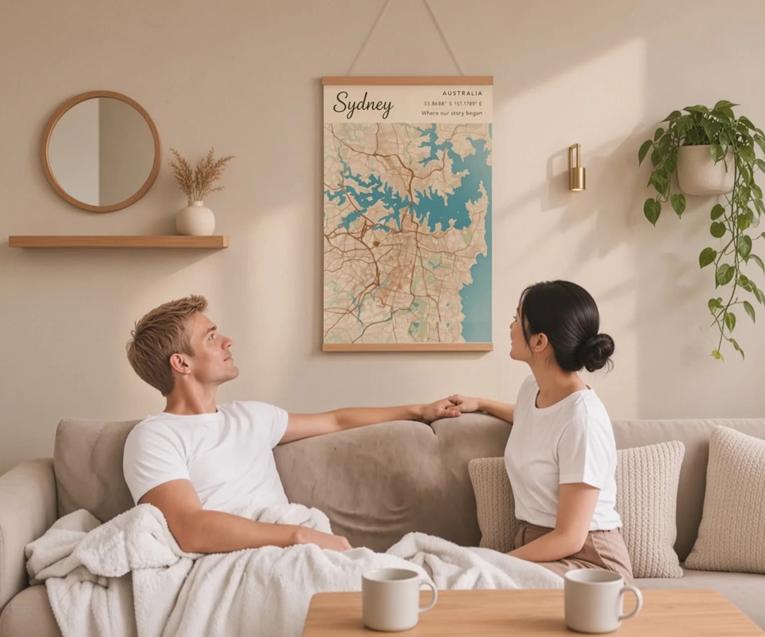 L'affiche de Sydney sur un hanger en bois, au-dessus d'un canapé où un couple la regarde