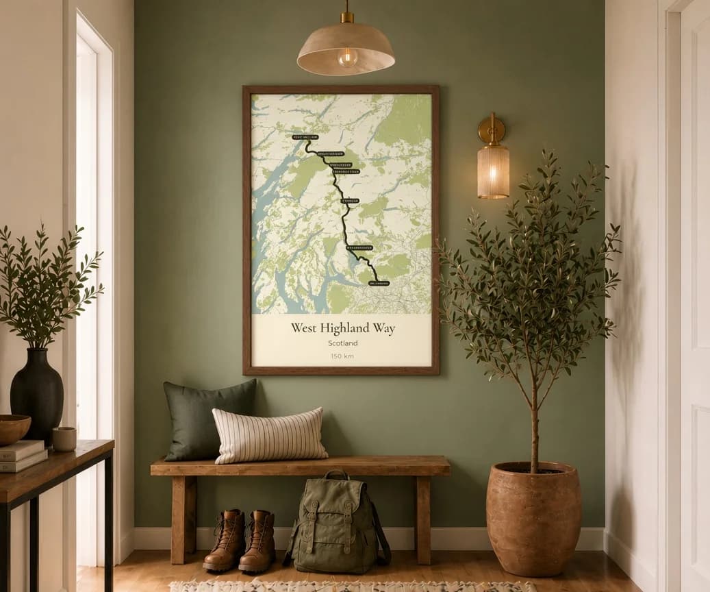 Le tracé du West Highland Way, encadré en noyer, au-dessus d'un banc d'entrée, avec des chaussures de randonnée et un sac à dos
