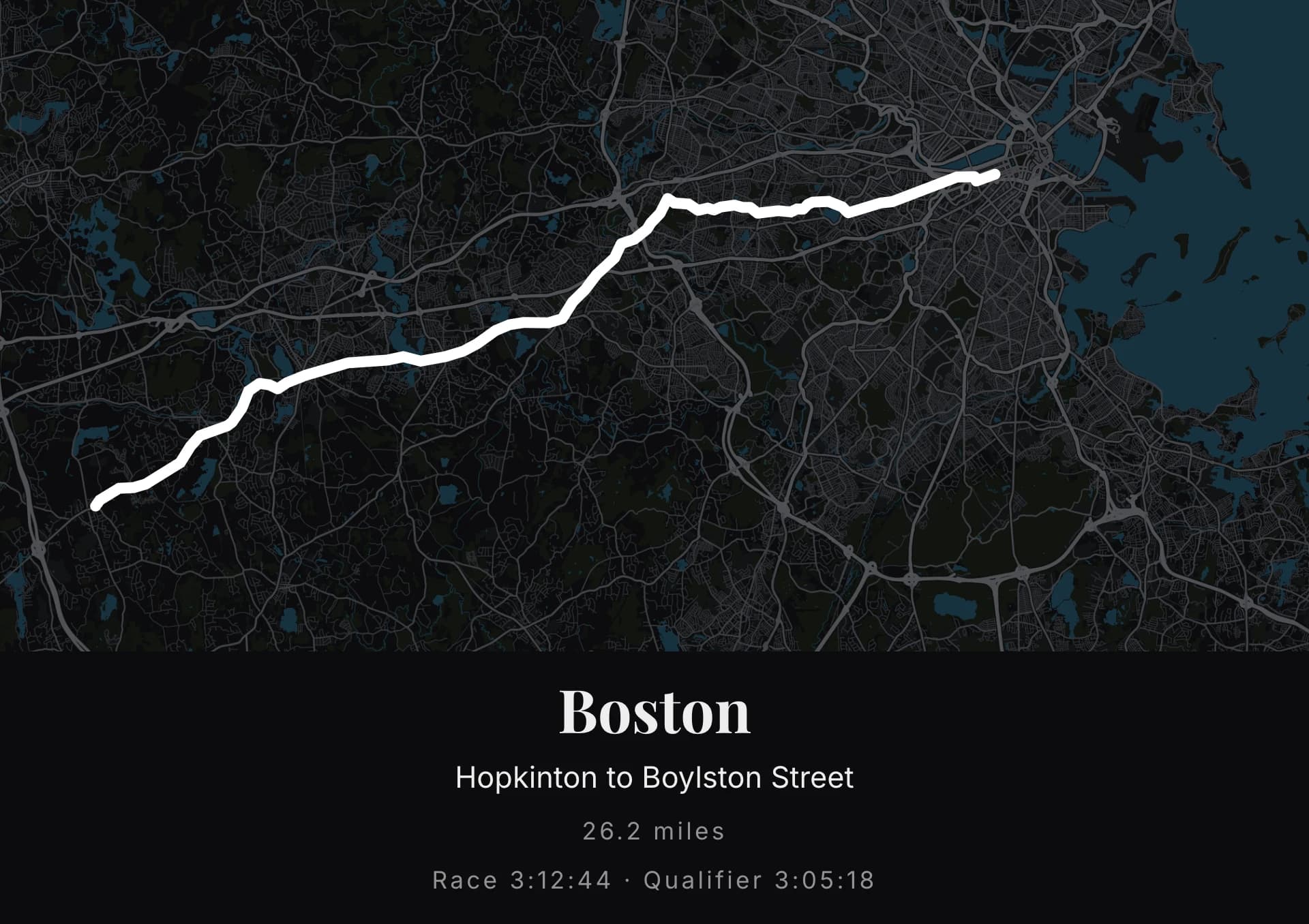A Boston Marathon poster: a near-black ground, the streets dimmed to a grey haze, the harbour and the ponds lit in deep teal, and one thick white line running west to east from Hopkinton to Boylston Street.