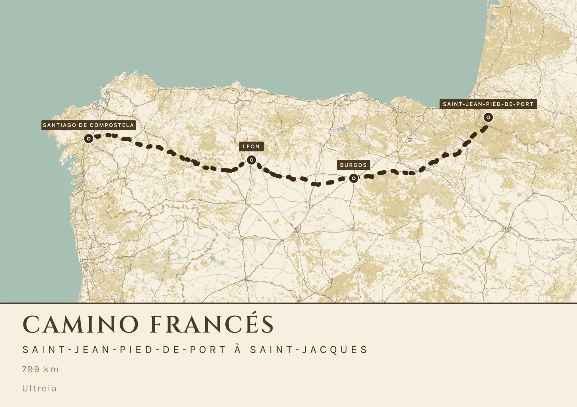La carte du Camino francés : le nord de l’Espagne dans les blés de la Meseta, une ligne en pointillé qui traverse d’est en ouest de Saint-Jean-Pied-de-Port à Saint-Jacques, et quatre noms en cartouche.
