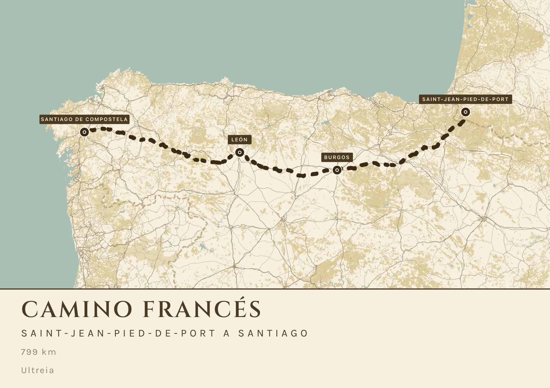 El mapa del Camino francés: el norte de España en los trigos de la Meseta, una línea de puntos que lo cruza de este a oeste desde Saint-Jean-Pied-de-Port hasta Santiago, y cuatro nombres en placa.