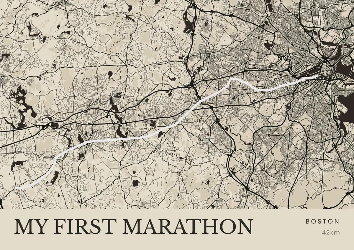 La trace d'un marathon posée sur la carte de Boston, en format paysage, avec la distance au cartel. Collection Maps · 01.