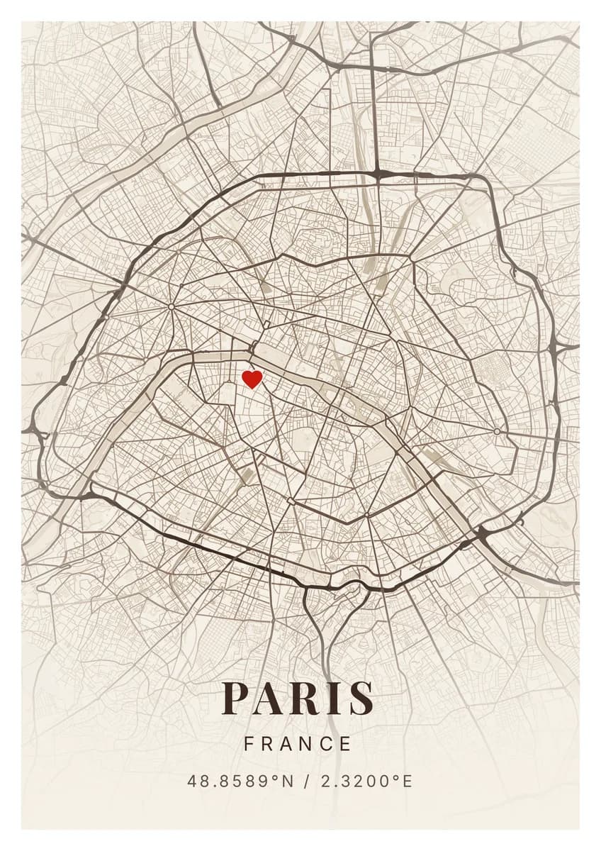 La carte de Paris, un marqueur en forme de cœur posé sur une adresse. Collection Maps · 01.