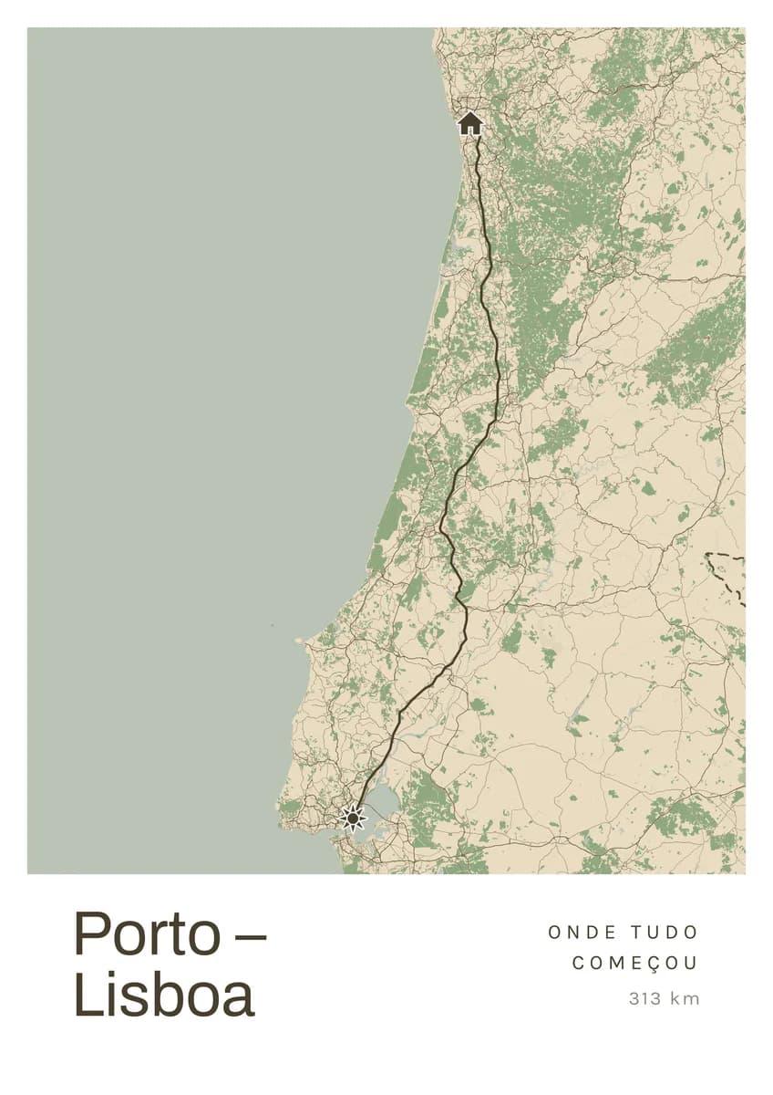 Un itinéraire de 313 kilomètres, de Porto à Lisbonne, avec ses deux marqueurs et sa légende. Collection Maps · 01.