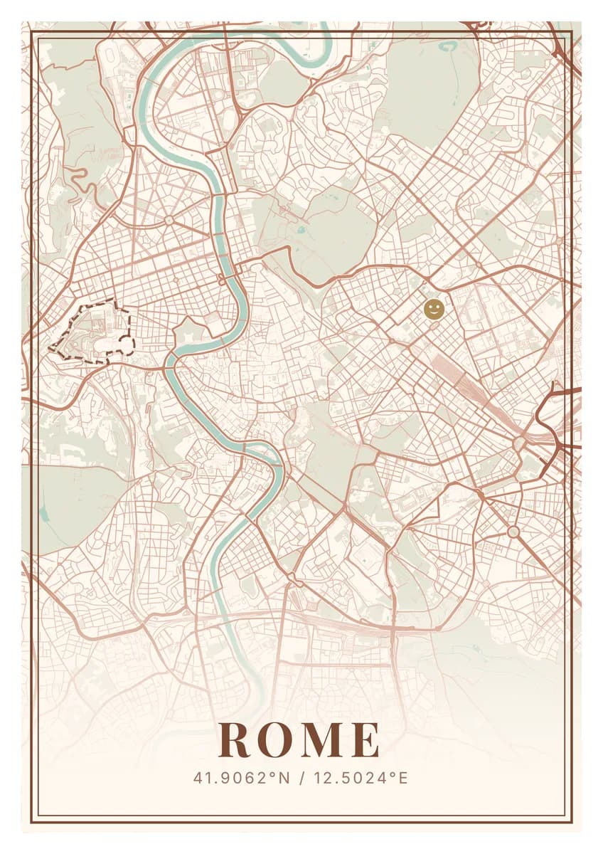 La carte de Rome dans des teintes de carte ancienne, le Tibre et les parcs en couleur. Collection Maps · 01.