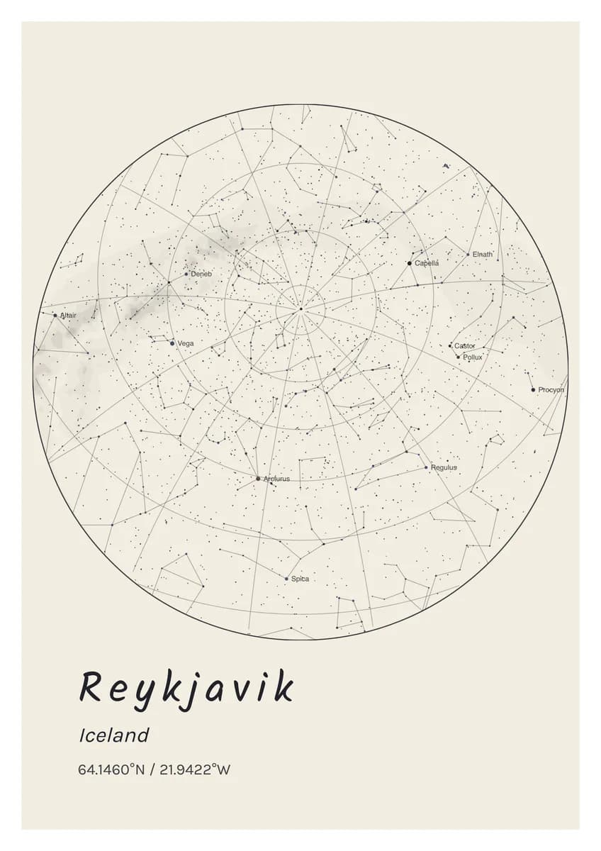 Le ciel au-dessus de Reykjavik sur fond clair, les constellations nommées. Collection Sky · 02.