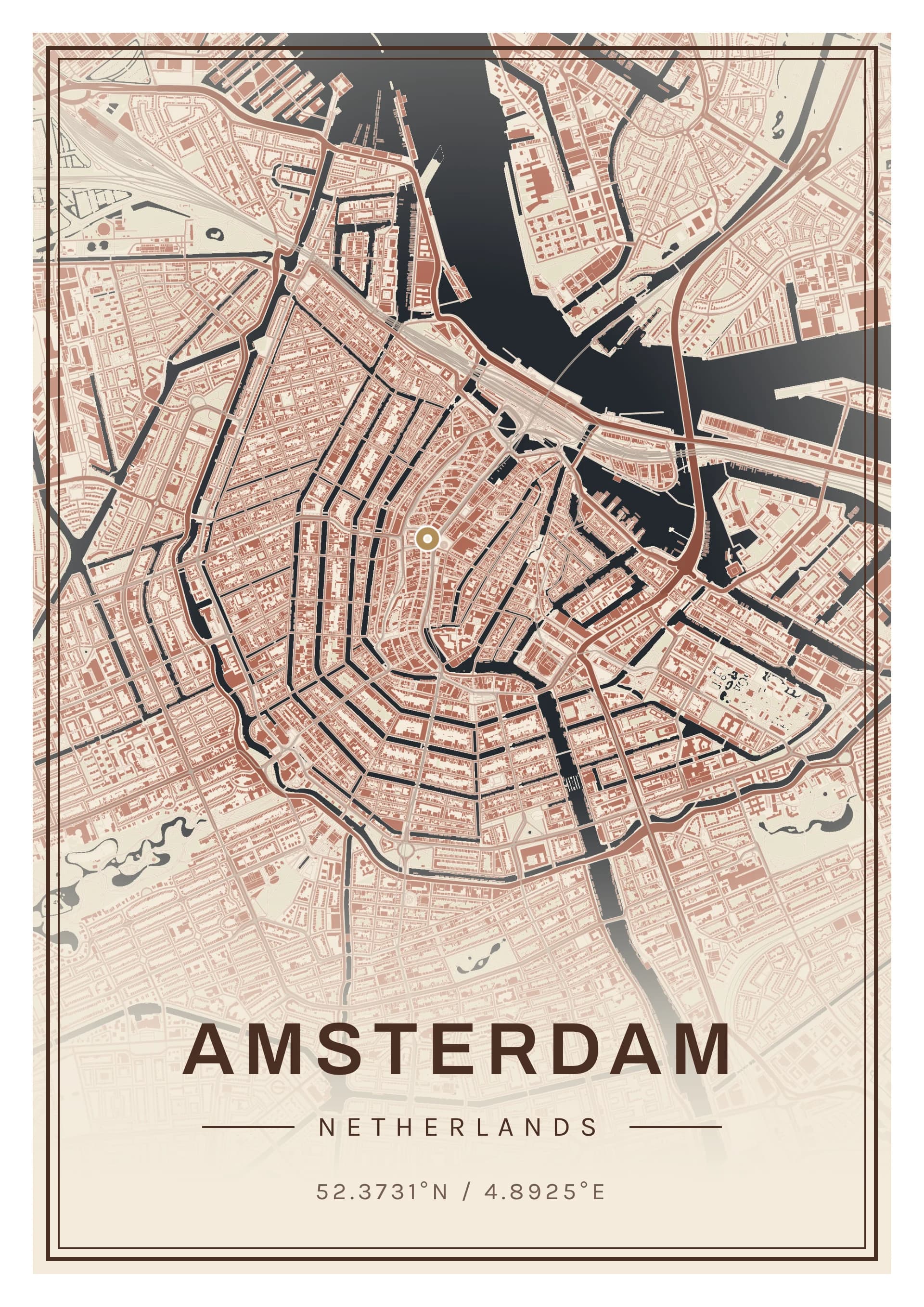 Amsterdam poster, drawn from the real map, Brique hollandaise palette, Detailed map style