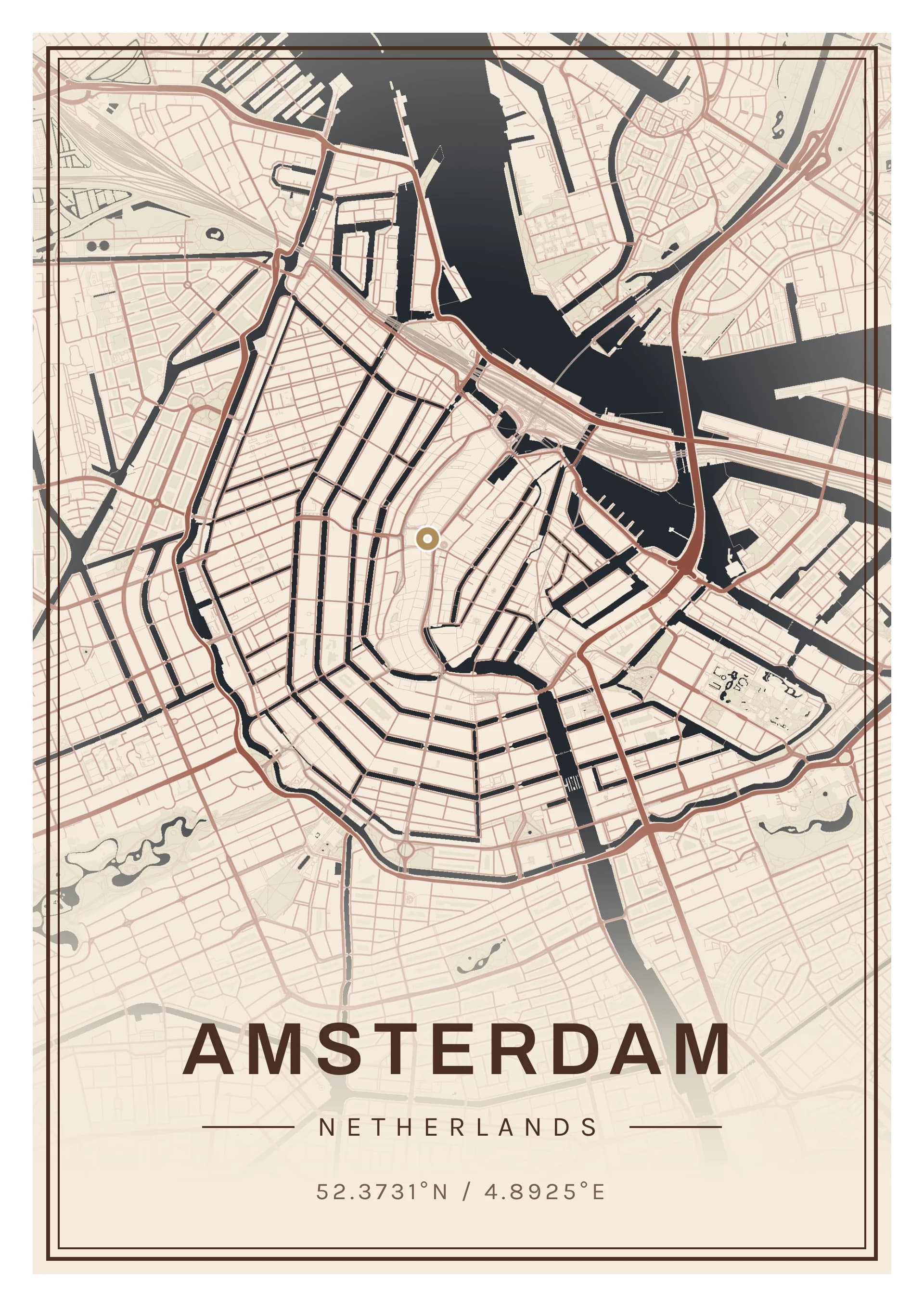 Amsterdam poster, drawn from the real map, Brique hollandaise palette, Clean map style