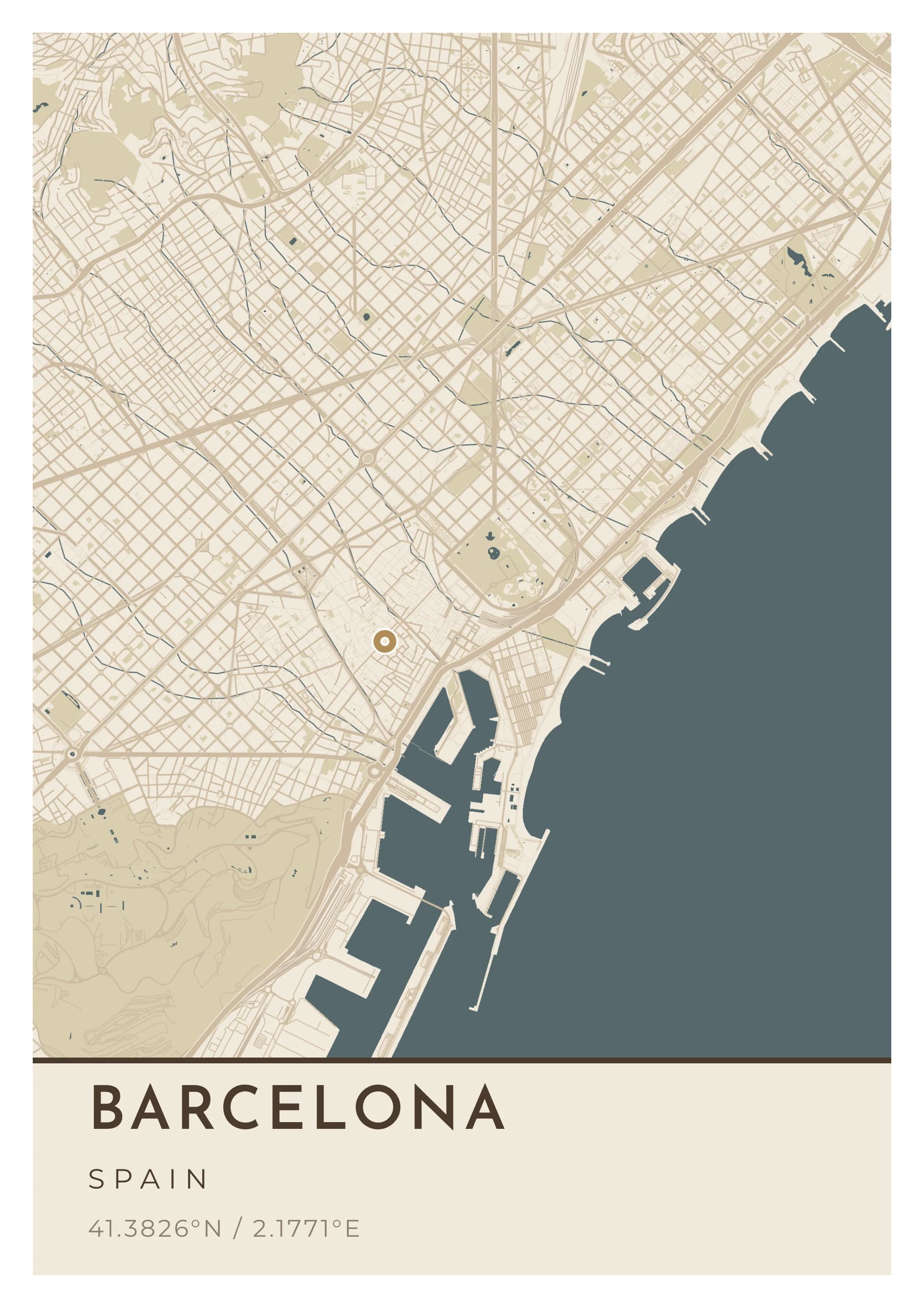 Barcelona poster, drawn from the real map, Pierre de Montjuïc palette, Clean map style