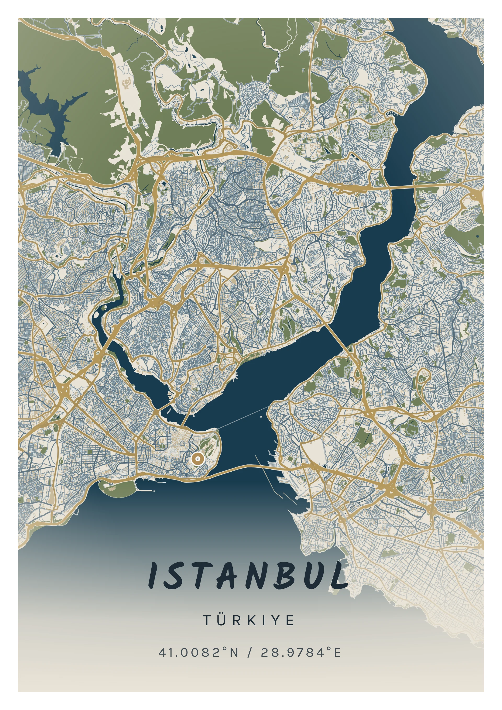 Istanbul poster, drawn from the real map, Bosphore et or palette, Detailed map style