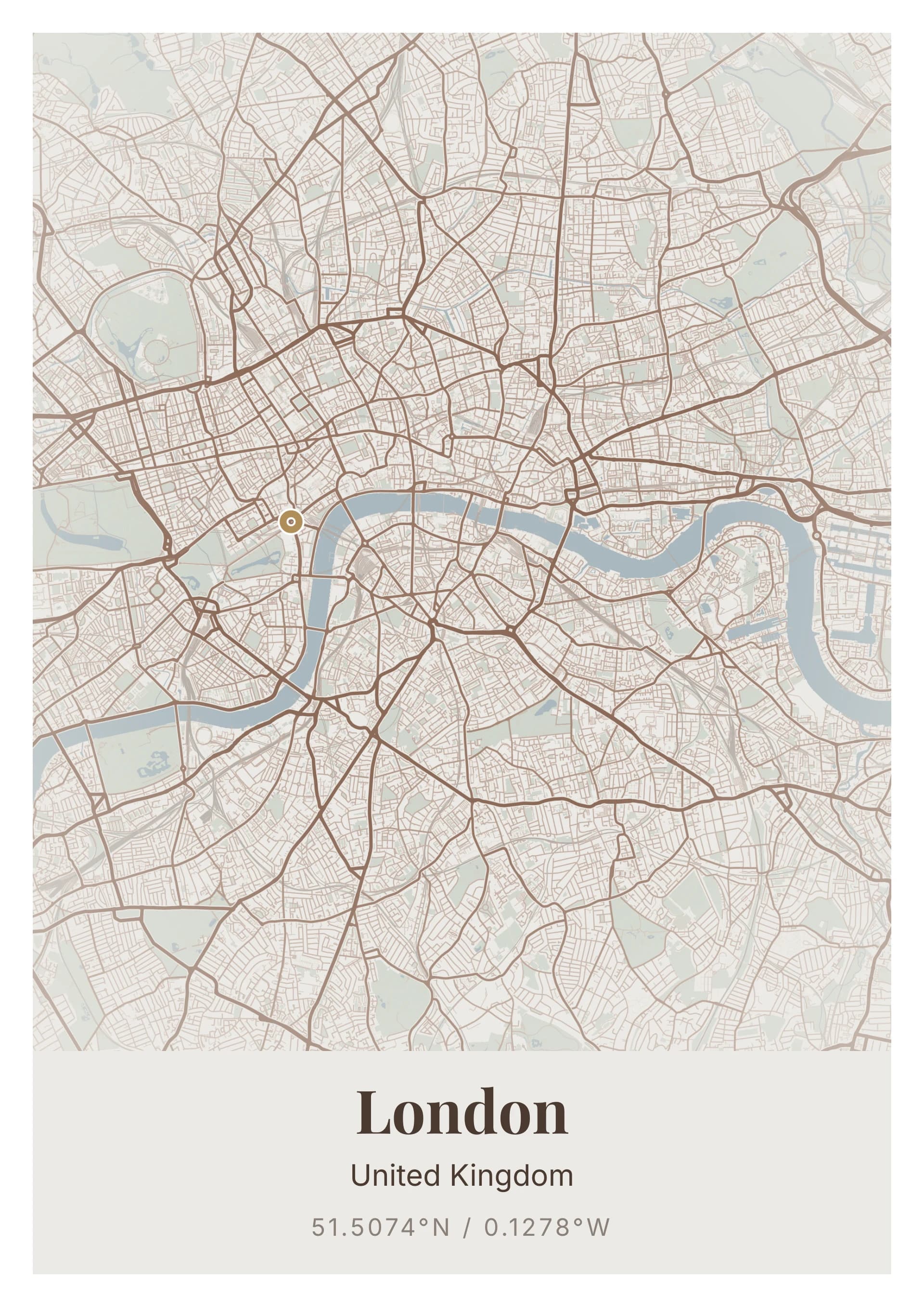 London poster, drawn from the real map, Pierre de Portland palette, Clean map style