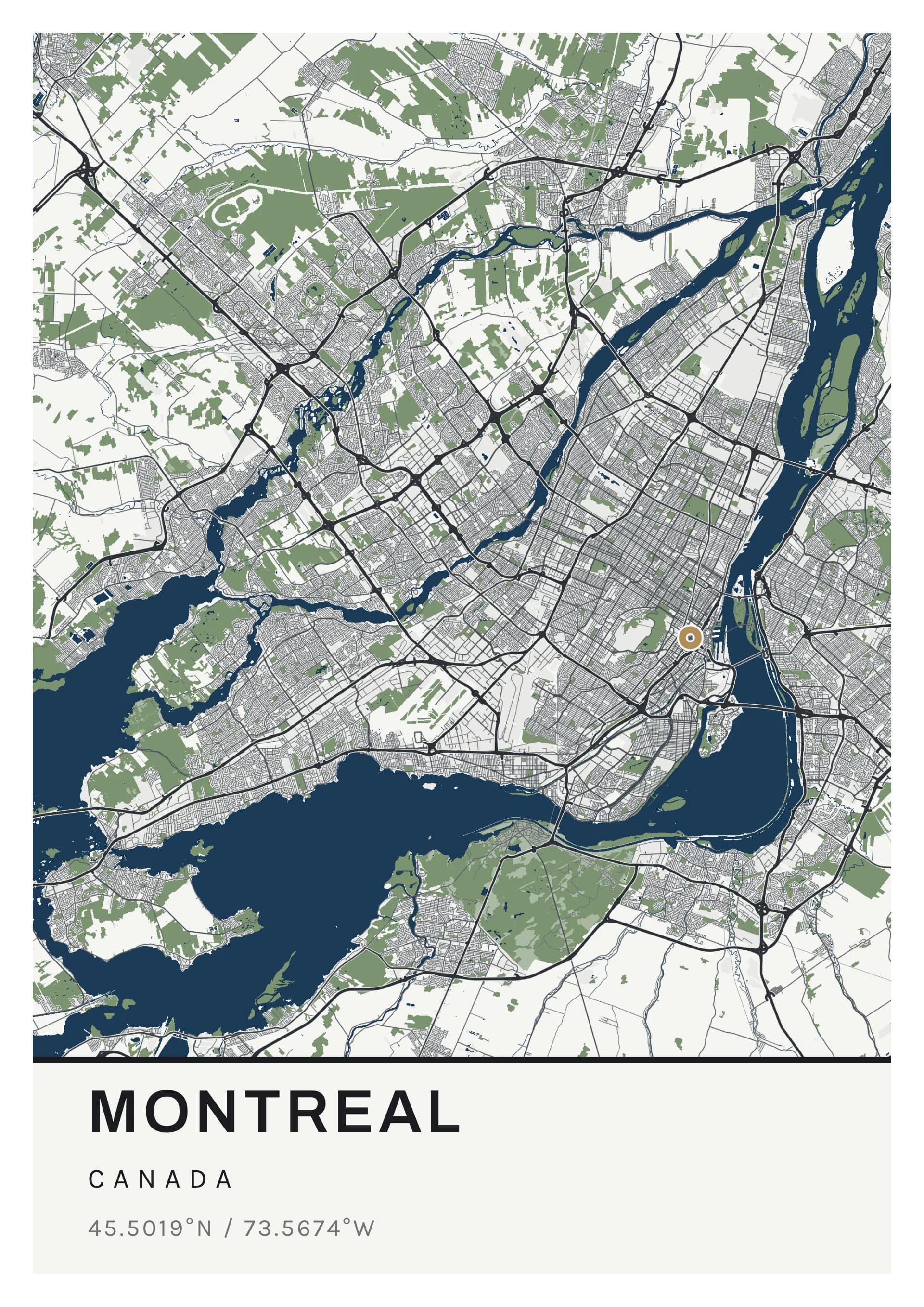 Montreal poster, drawn from the real map, Pierre grise palette, Clean map style