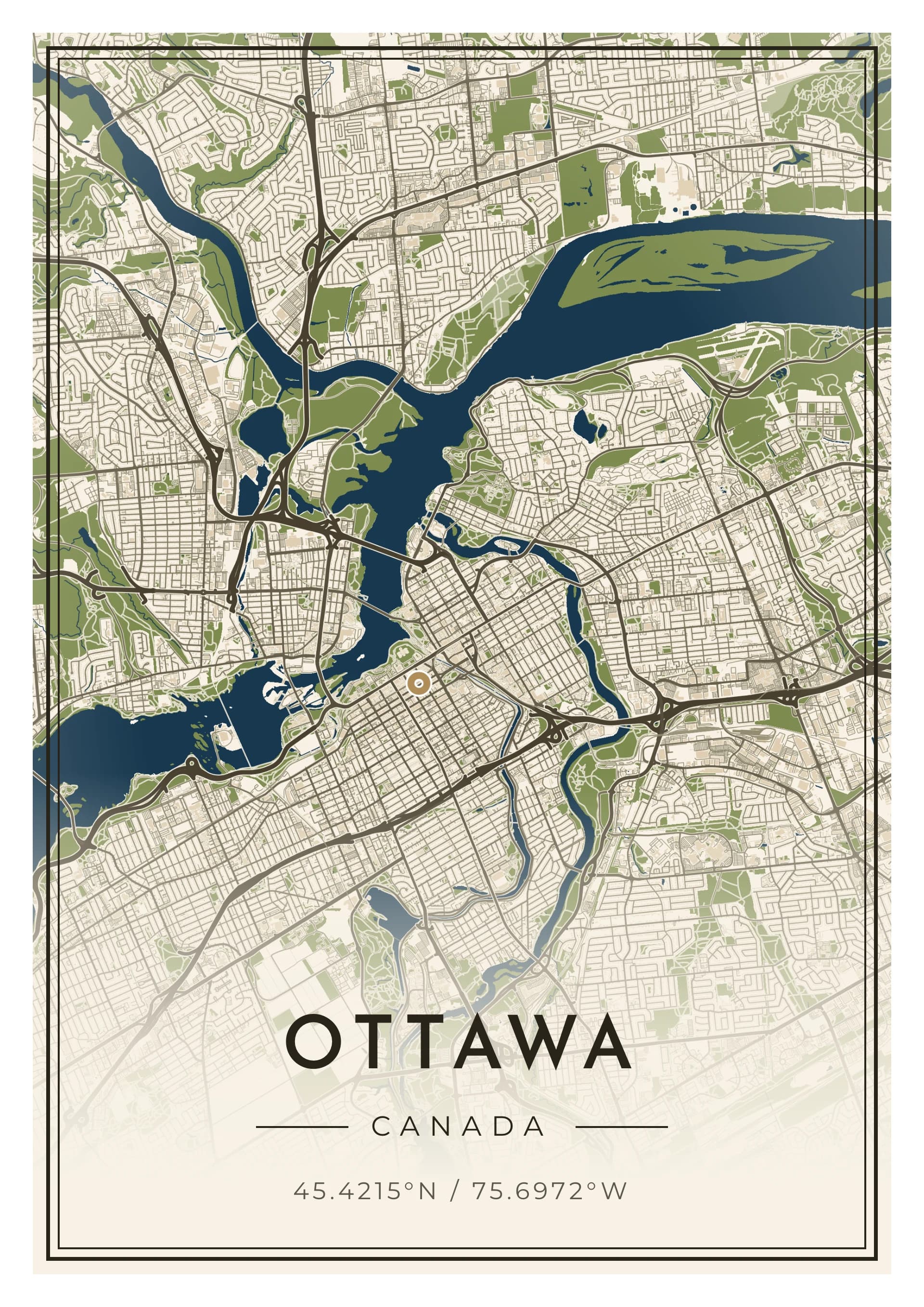 Ottawa poster, drawn from the real map, Grès de Nepean palette, Detailed map style