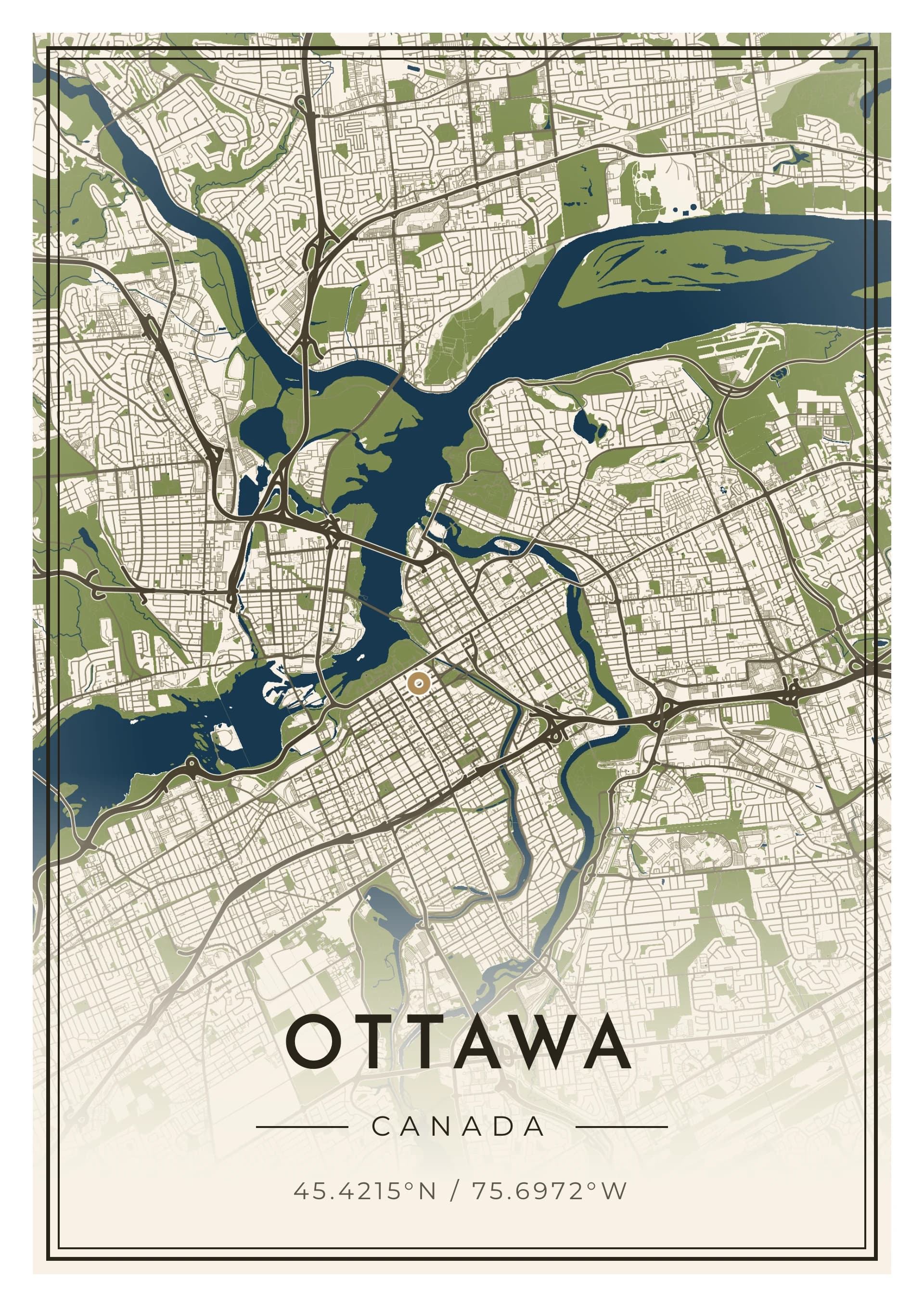 Ottawa poster, drawn from the real map, Grès de Nepean palette, Clean map style