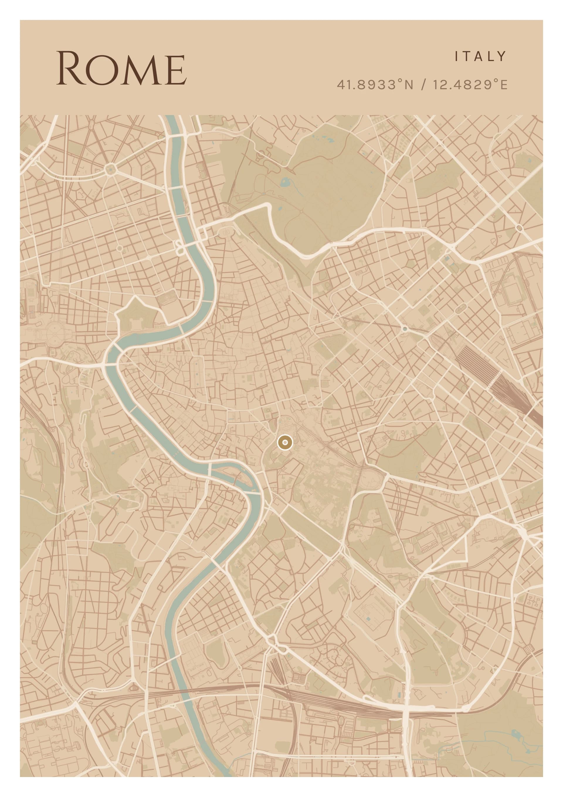 Rome poster, drawn from the real map, Enduit romain palette, Clean map style