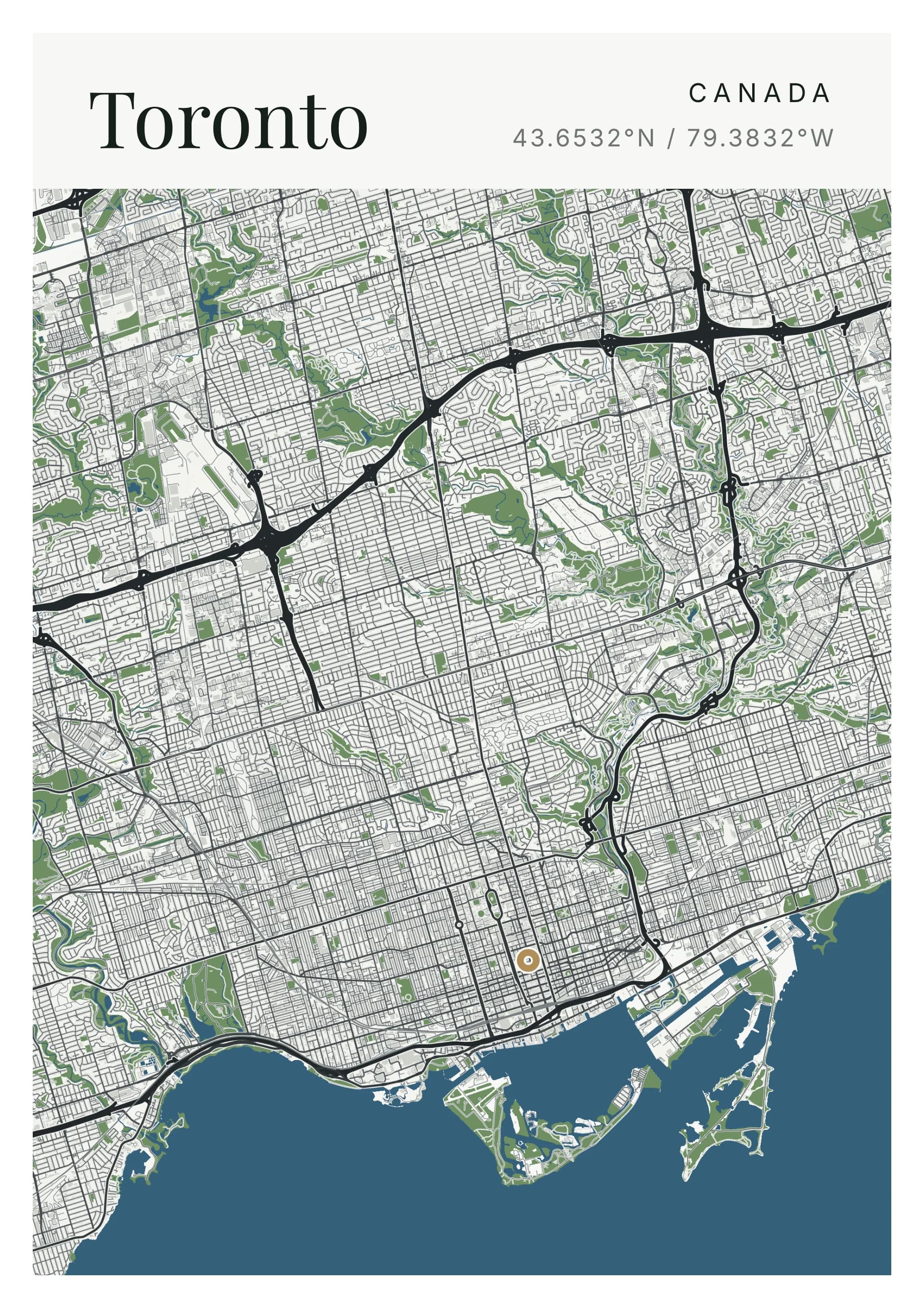 Toronto poster, drawn from the real map, Ravin palette, Detailed map style