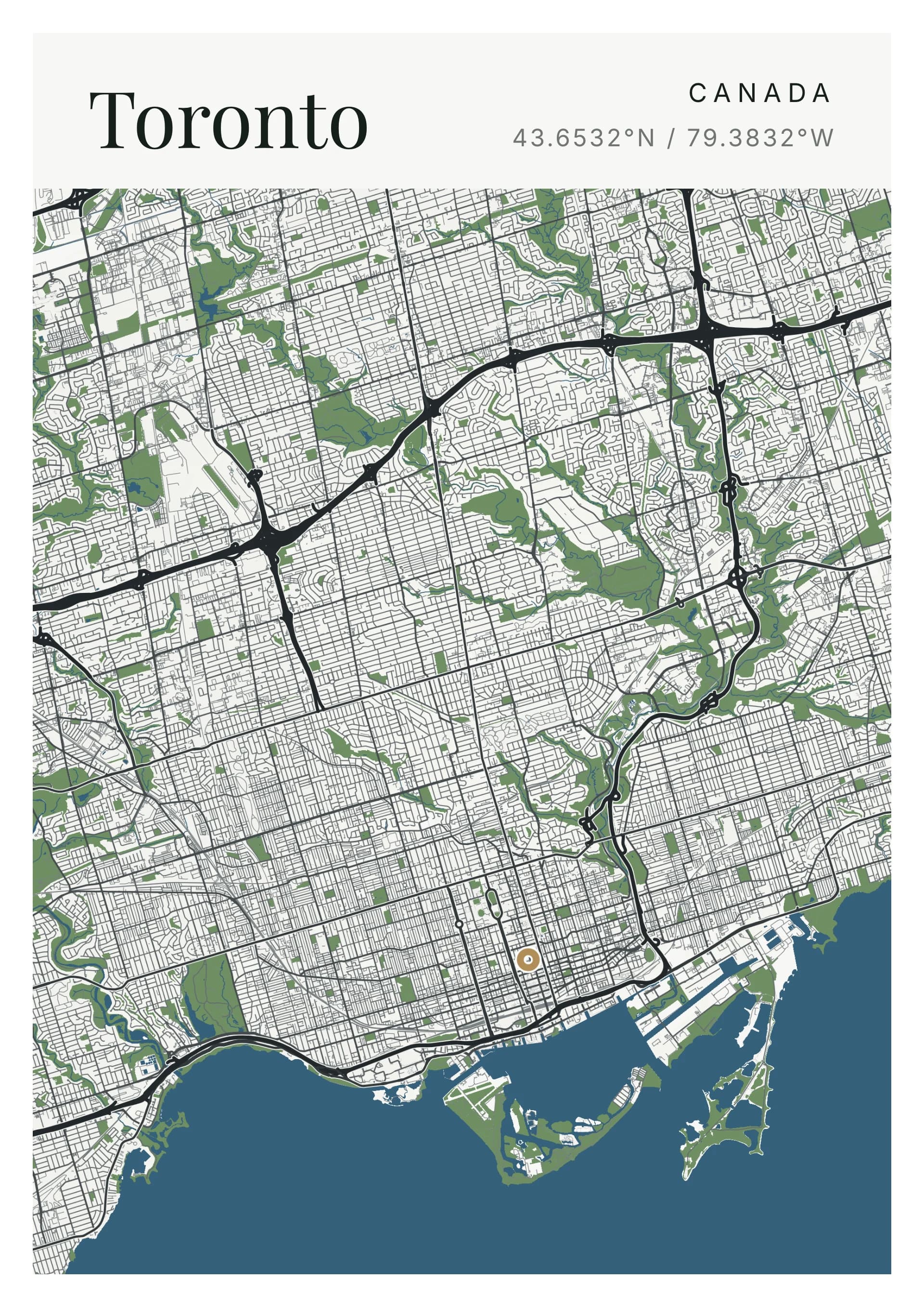 Toronto poster, drawn from the real map, Ravin palette, Clean map style