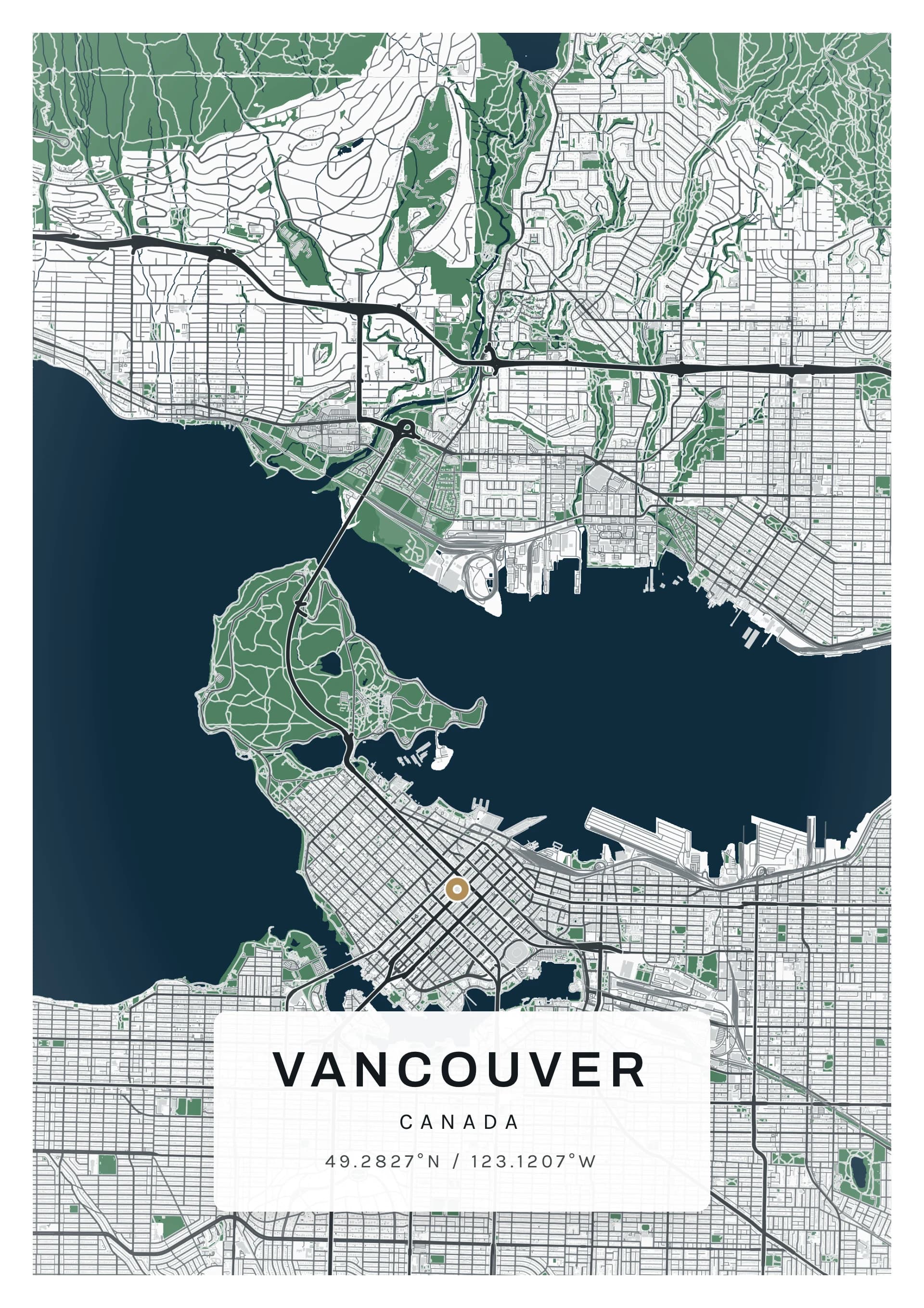 Vancouver poster, drawn from the real map, Granit palette, Detailed map style