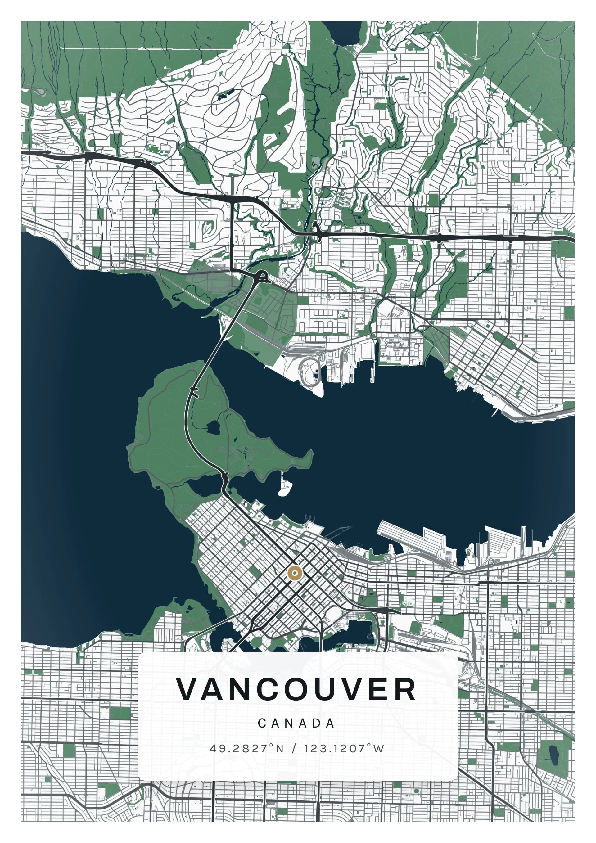 Vancouver poster, drawn from the real map, Granit palette, Clean map style