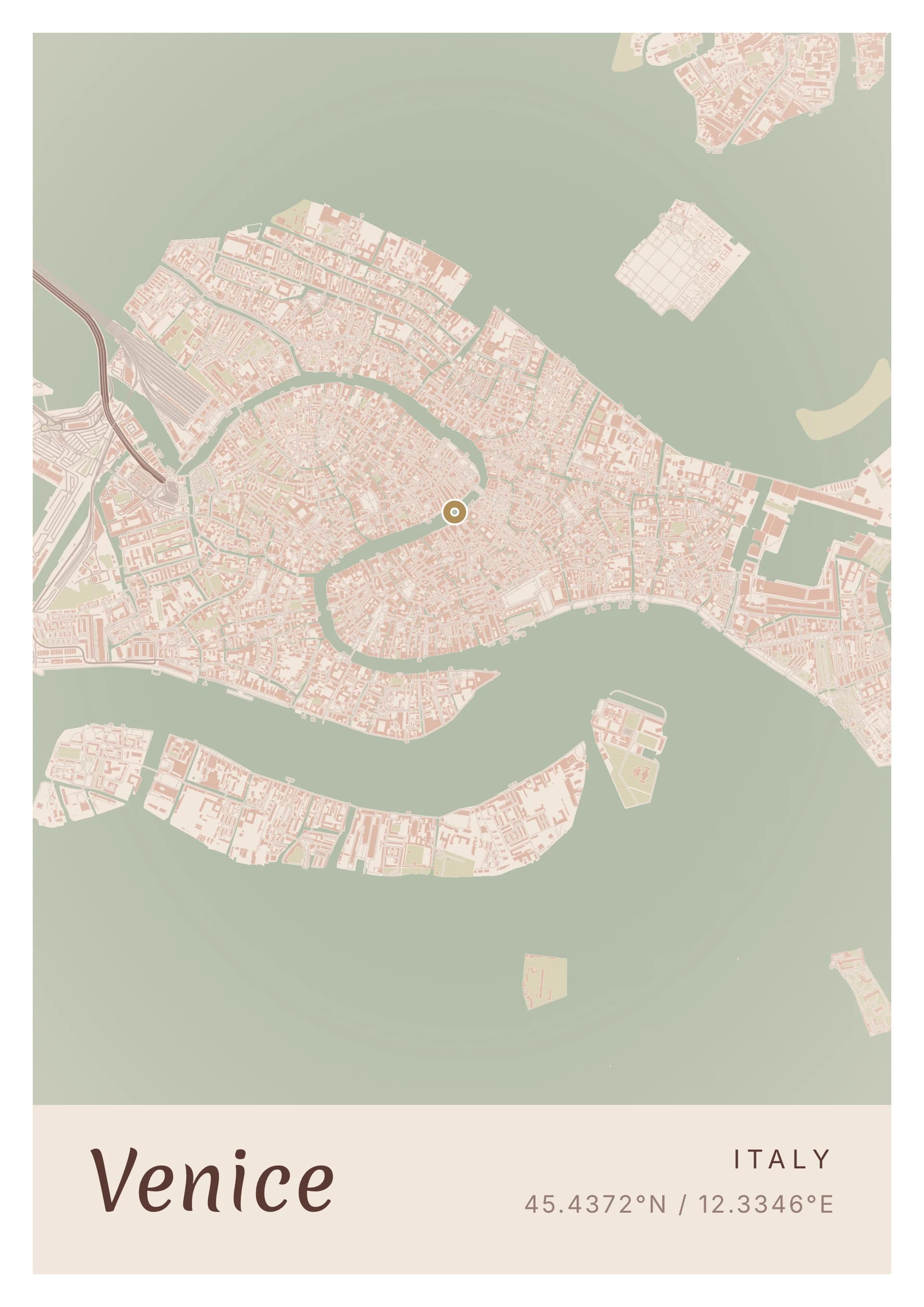 Venice poster, drawn from the real map, Pierre d’Istrie palette, Detailed map style