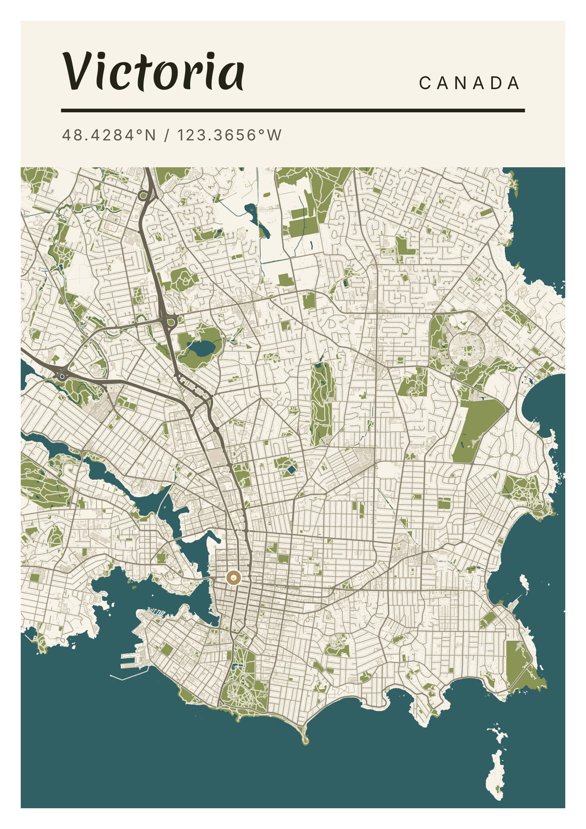 Victoria poster, drawn from the real map, Chêne de Garry palette, Detailed map style