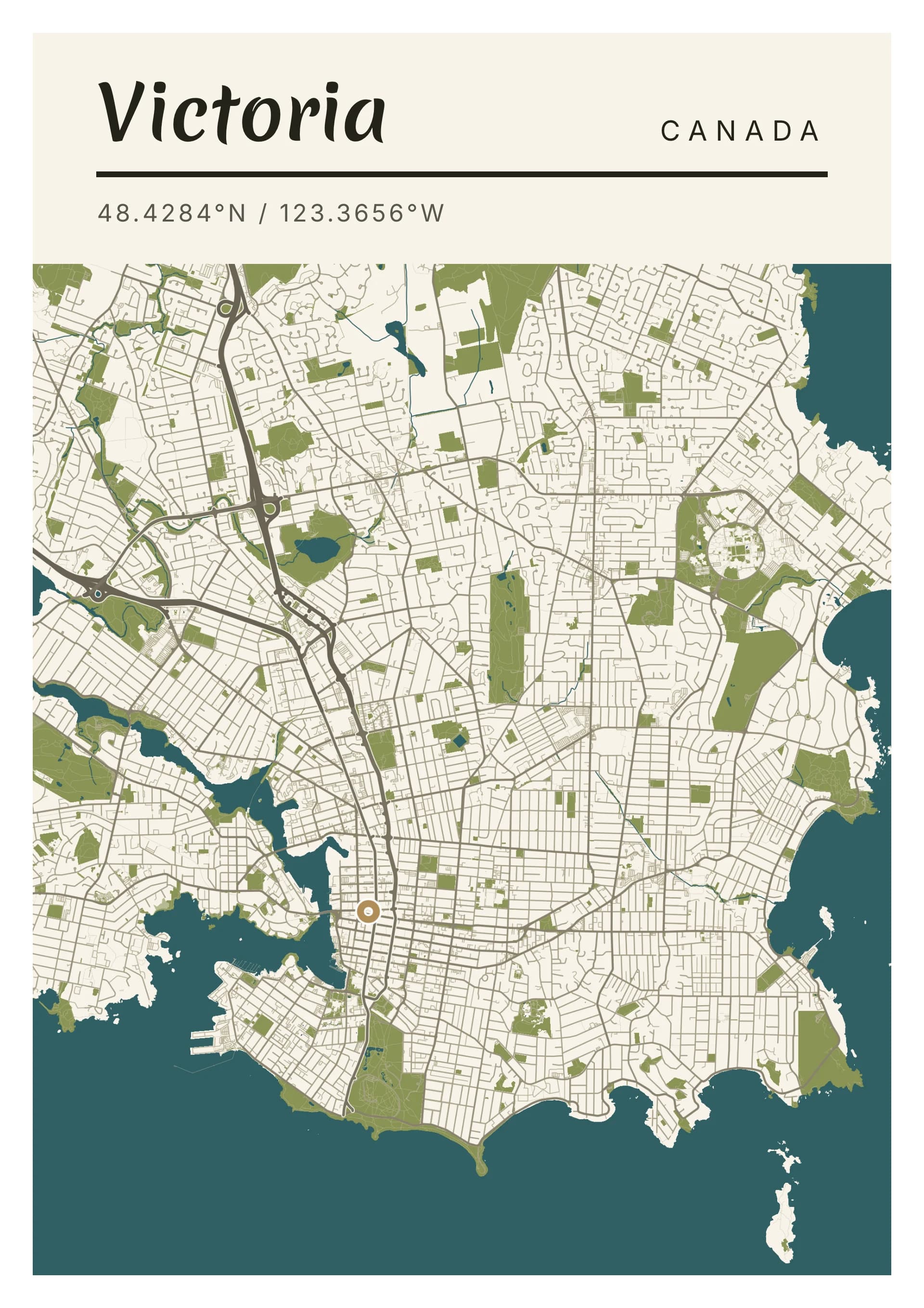 Victoria poster, drawn from the real map, Chêne de Garry palette, Clean map style