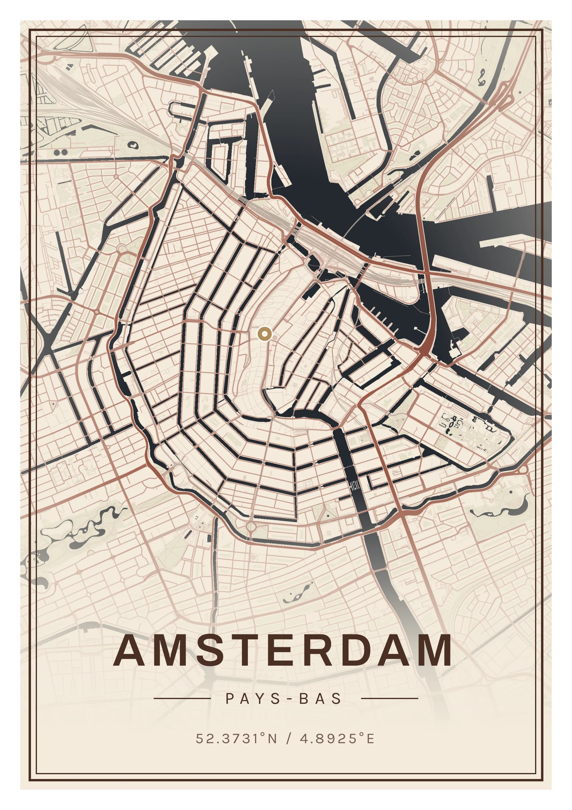 Affiche d’Amsterdam, d’après la carte réelle, palette Brique hollandaise, fond Épuré
