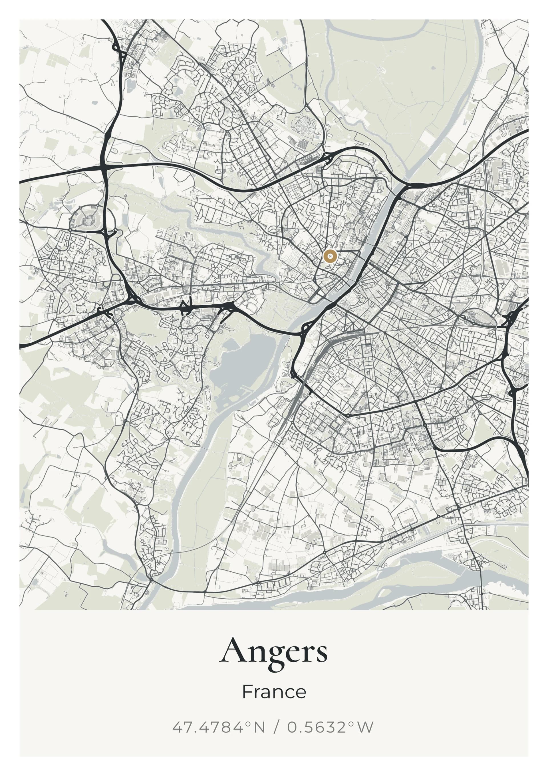 Affiche d’Angers, d’après la carte réelle, palette Ardoise de Trélazé, fond Détaillé