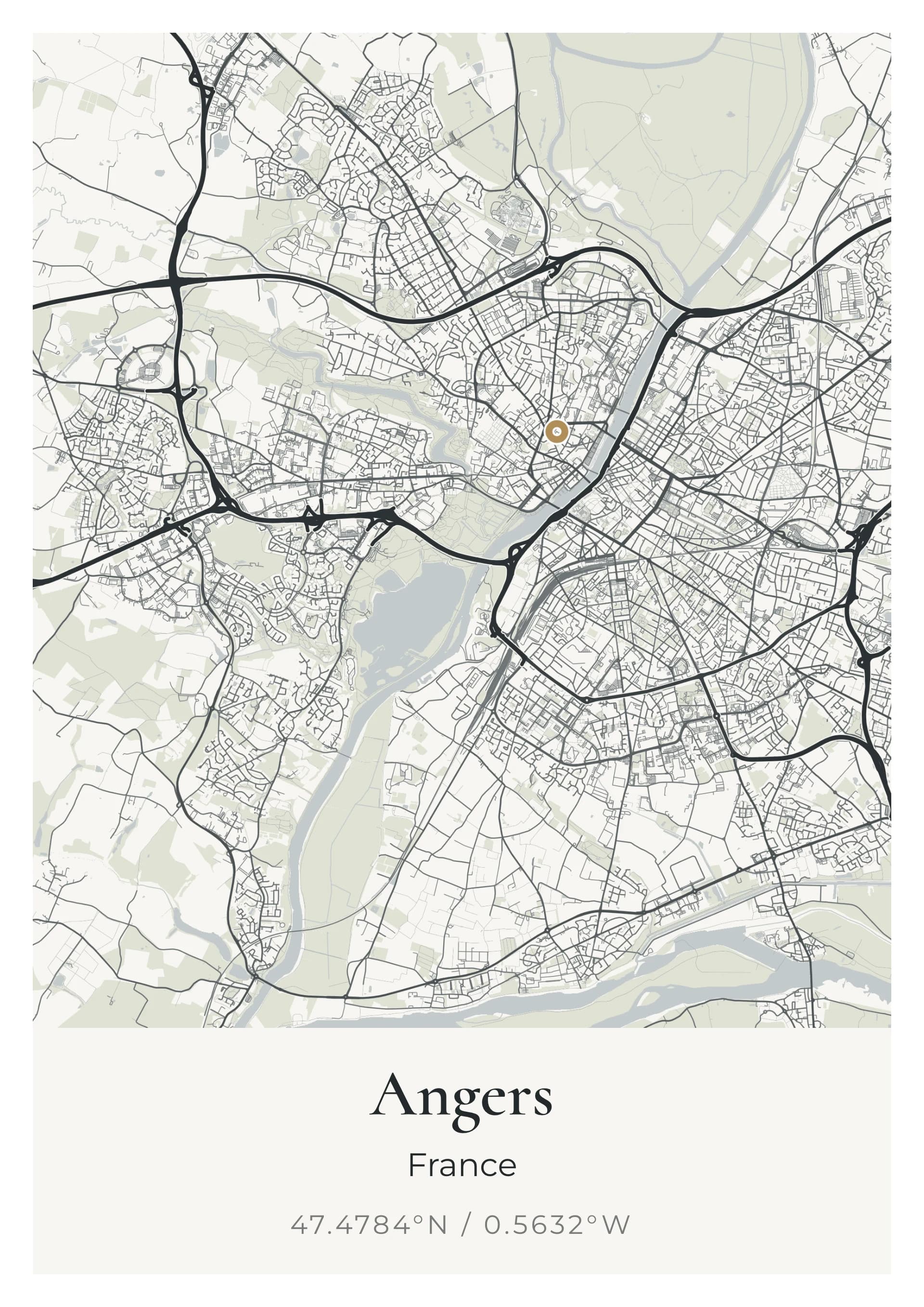 Affiche d’Angers, d’après la carte réelle, palette Ardoise de Trélazé, fond Épuré