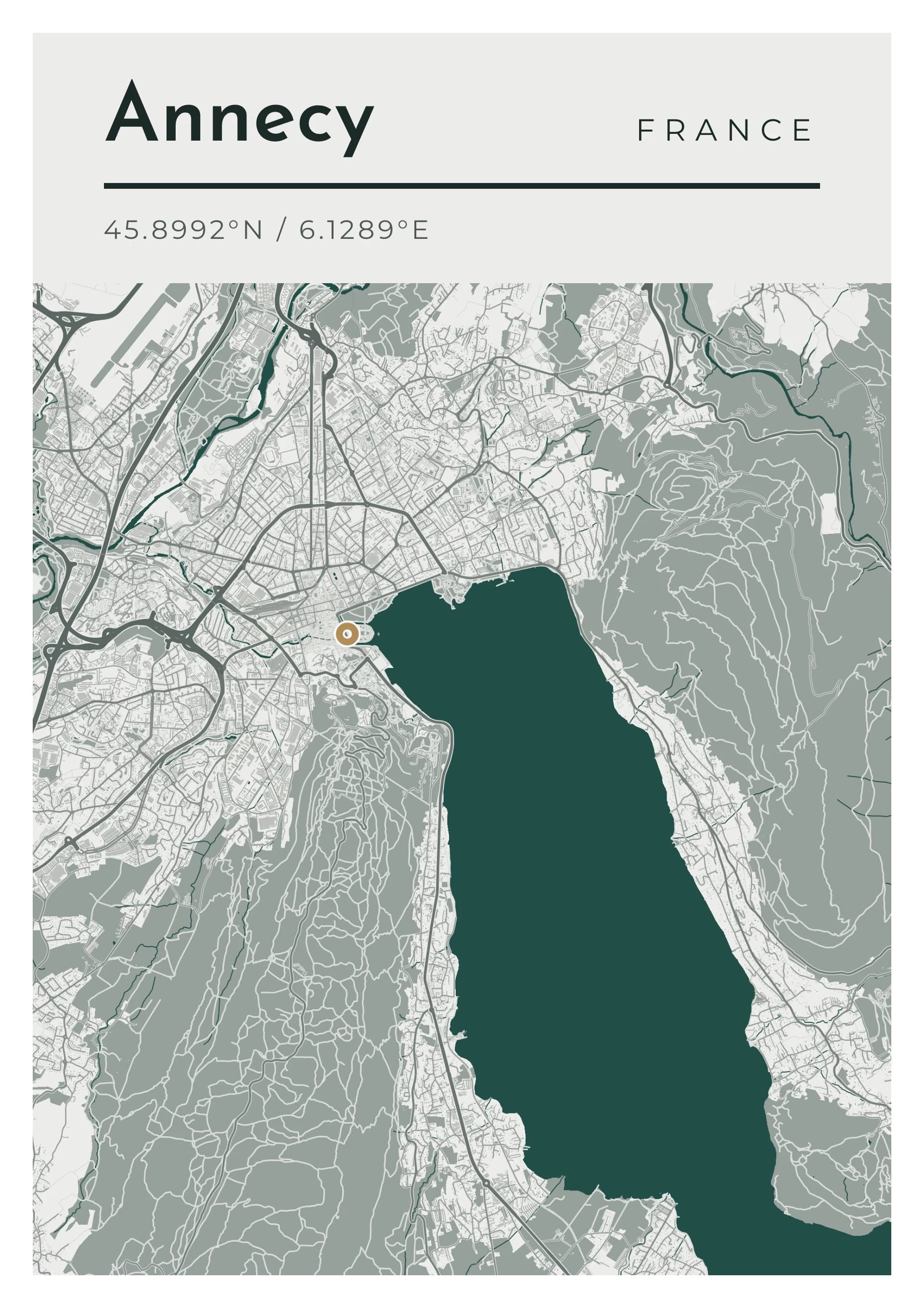 Affiche d’Annecy, d’après la carte réelle, palette Calcaire du Semnoz, fond Détaillé