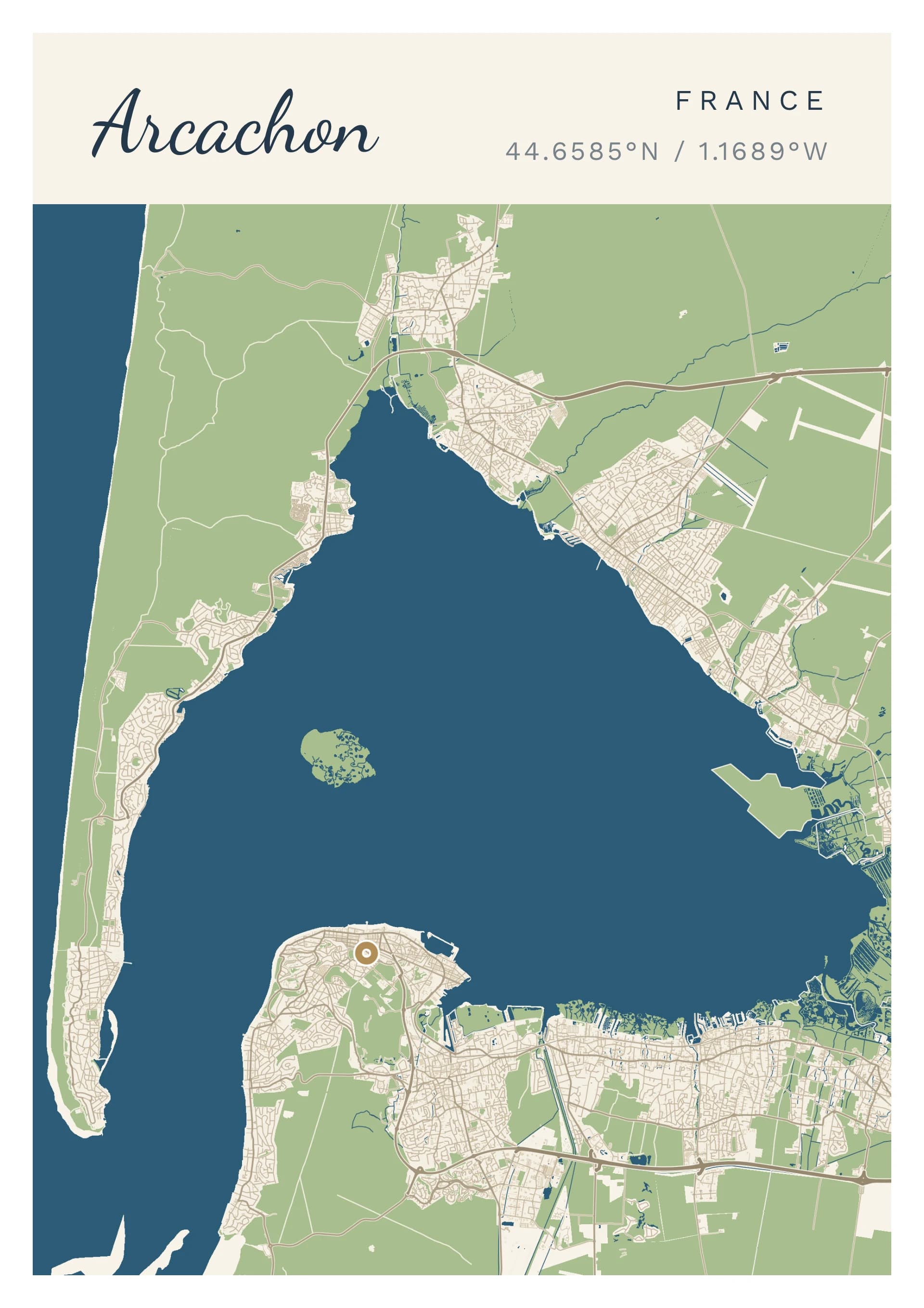Affiche d’Arcachon, d’après la carte réelle, palette Bassin, fond Détaillé