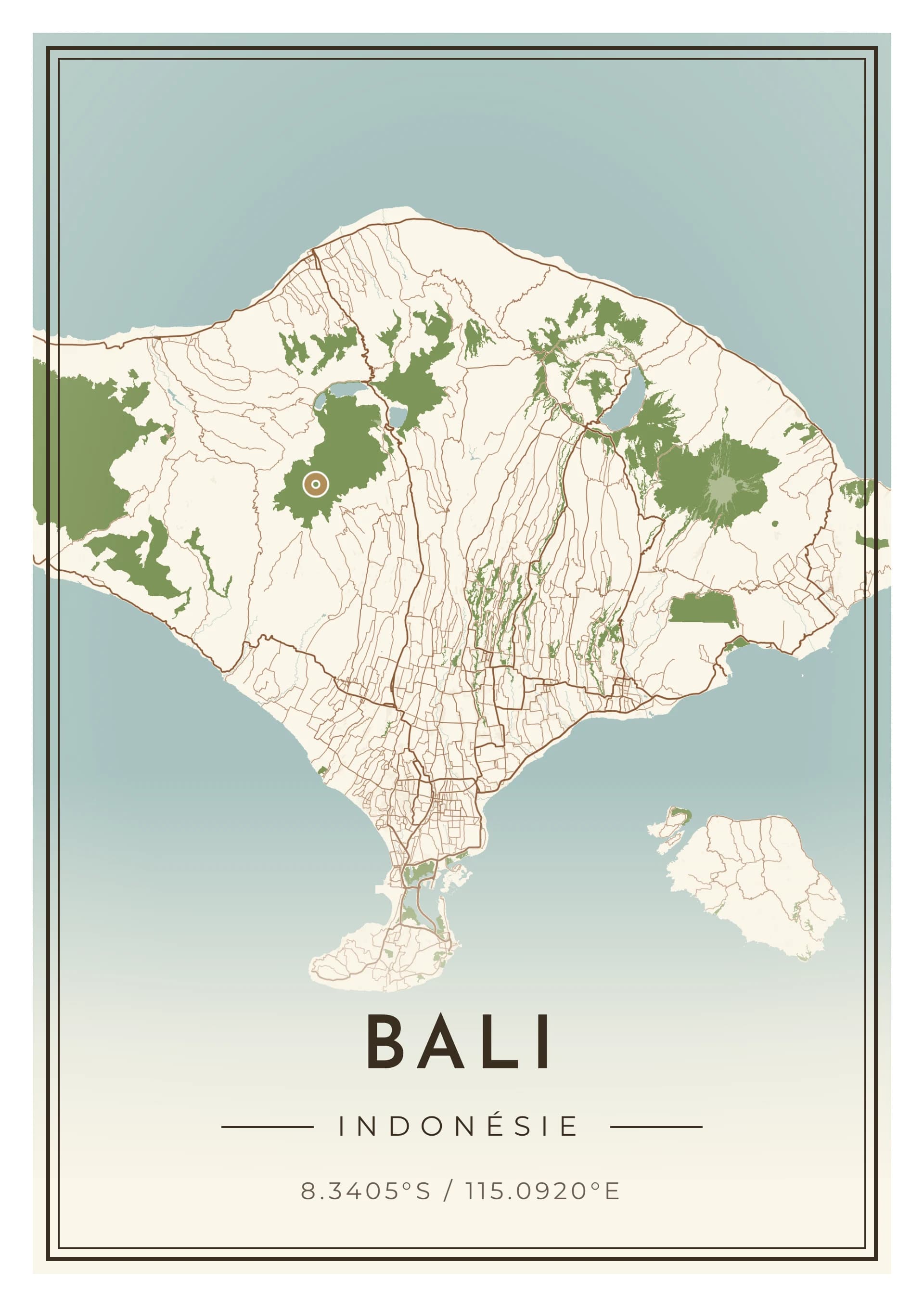 Affiche de Bali, d’après la carte réelle, palette Paras, fond Détaillé
