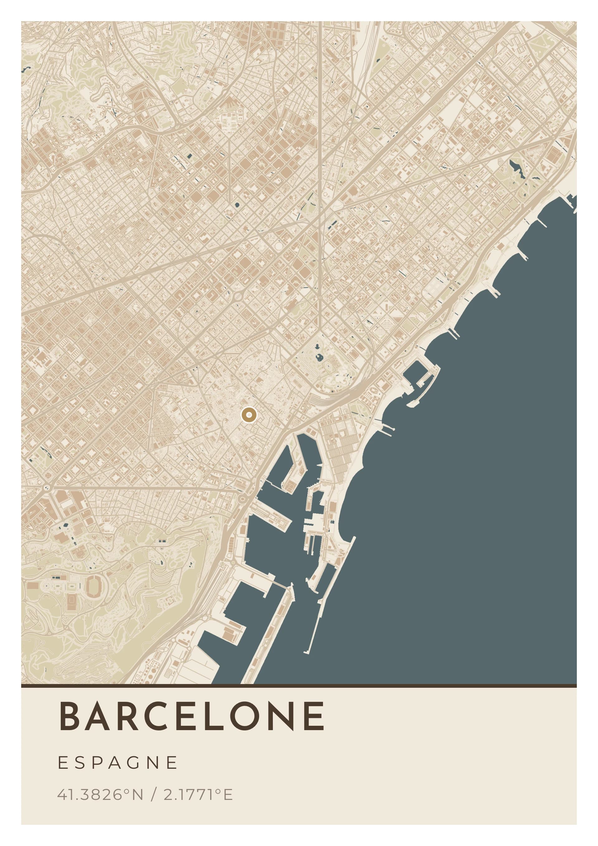 Affiche de Barcelone, d’après la carte réelle, palette Pierre de Montjuïc, fond Détaillé