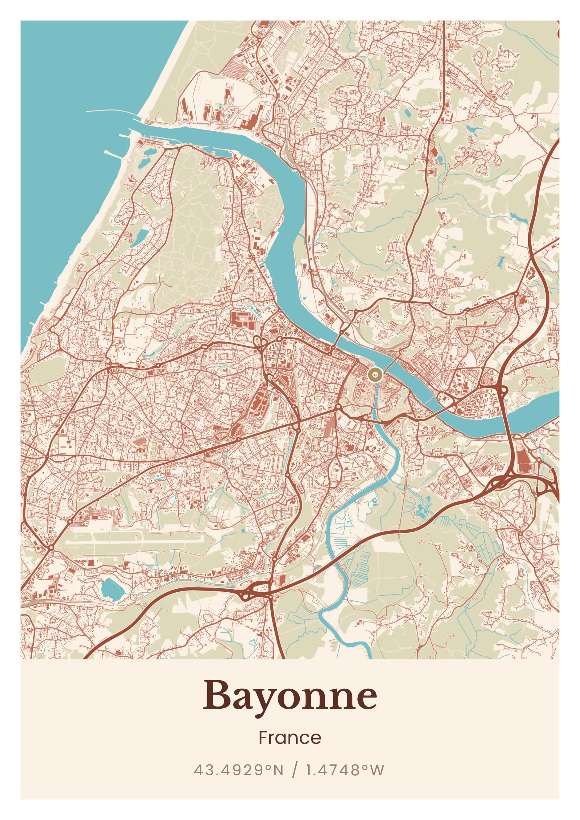 Affiche de Bayonne, d’après la carte réelle, palette Bayonnais, fond Détaillé