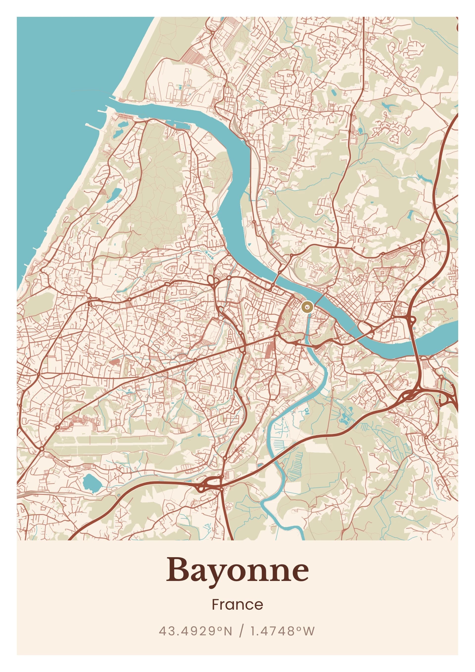 Affiche de Bayonne, d’après la carte réelle, palette Bayonnais, fond Épuré