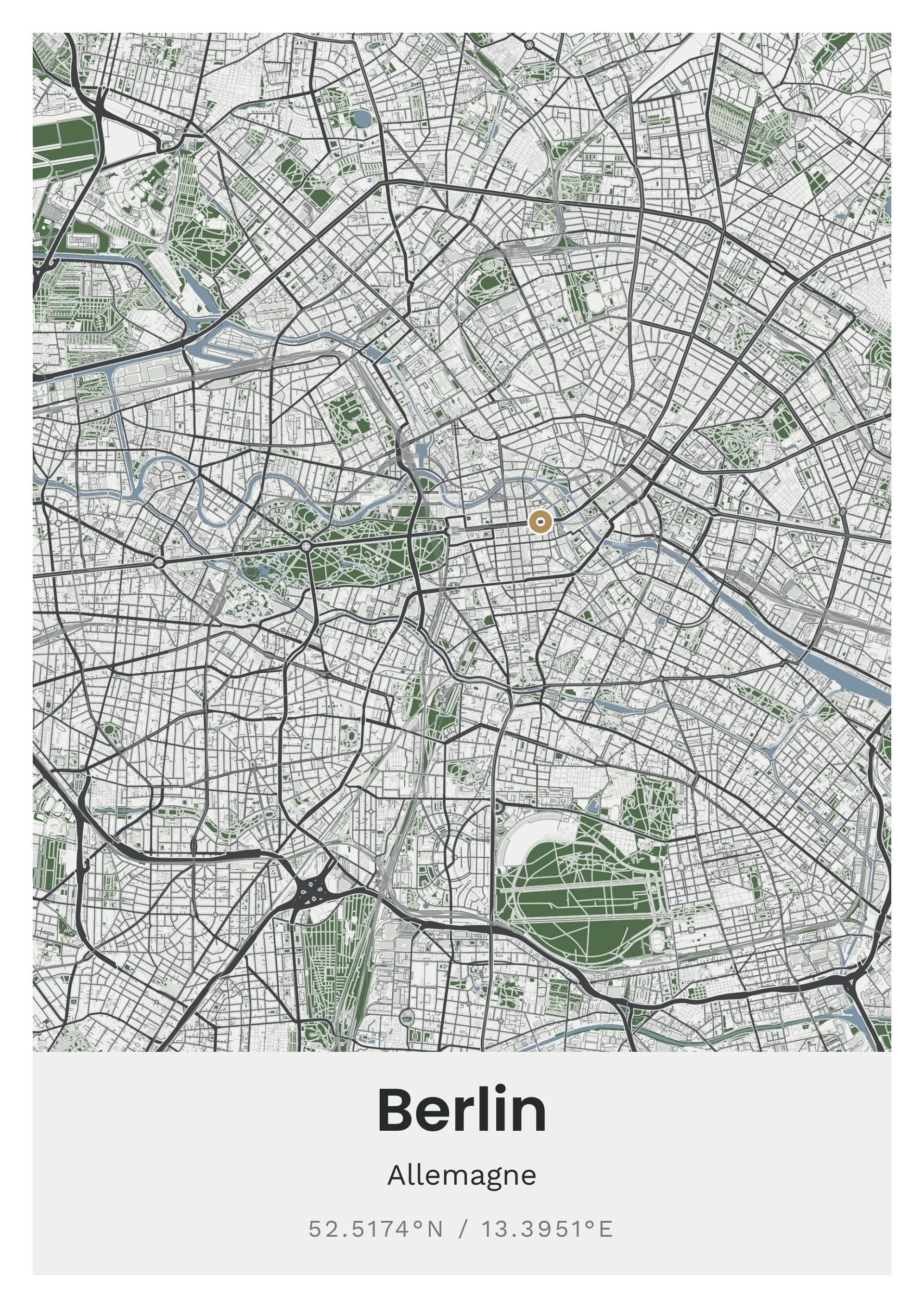Affiche de Berlin, d’après la carte réelle, palette Enduit gris, fond Détaillé
