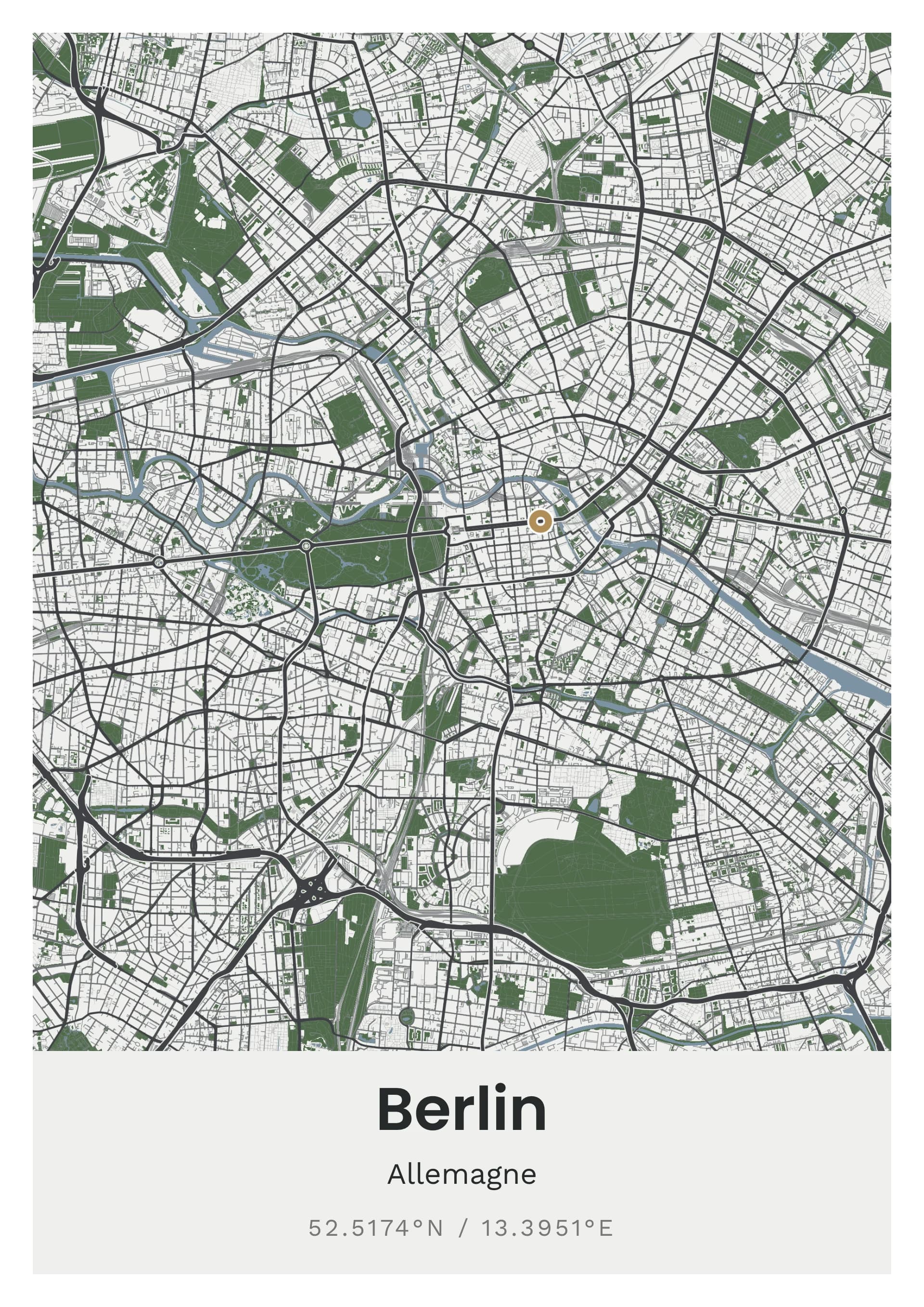 Affiche de Berlin, d’après la carte réelle, palette Enduit gris, fond Épuré
