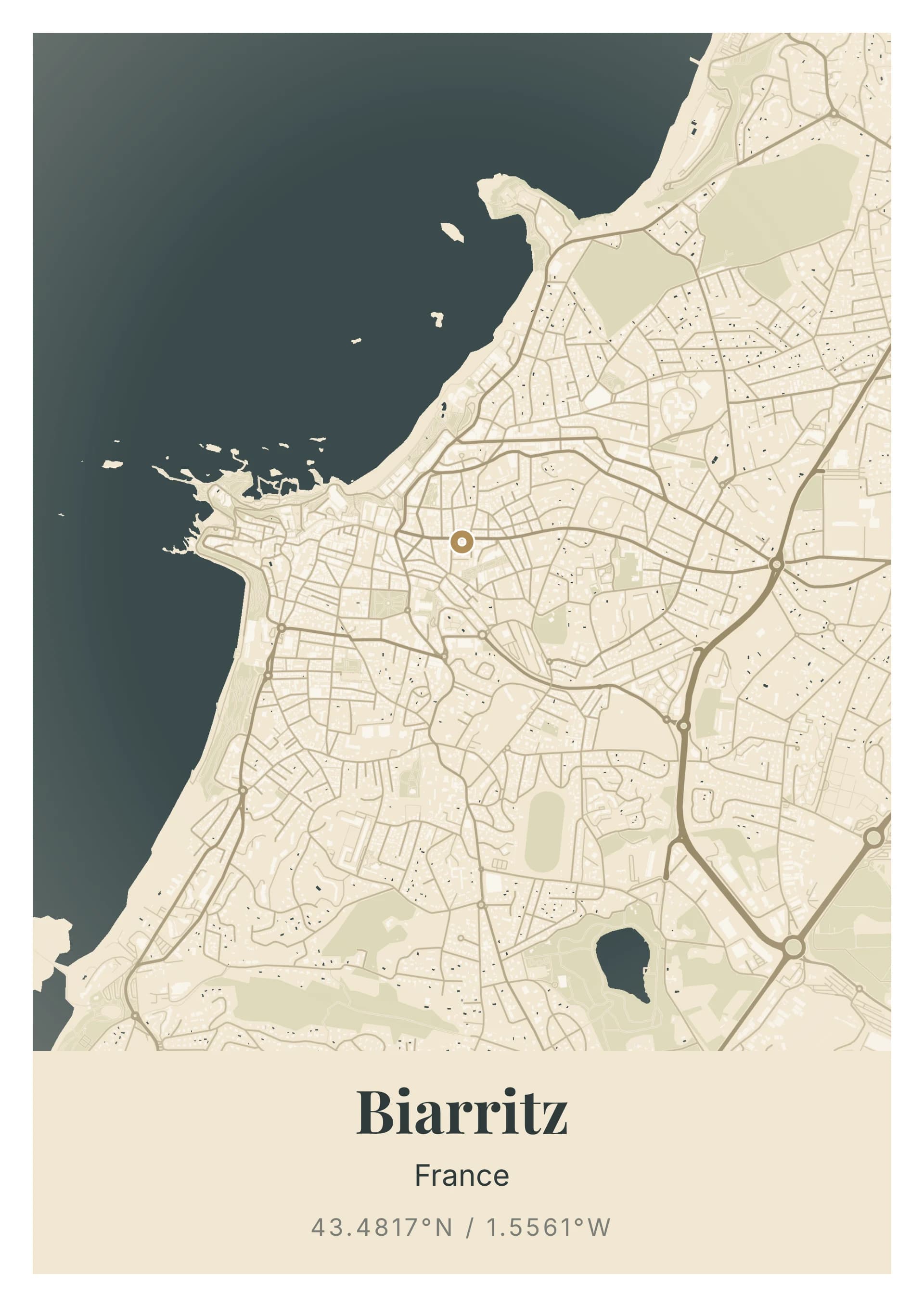 Affiche de Biarritz, d’après la carte réelle, palette Flysch, fond Détaillé