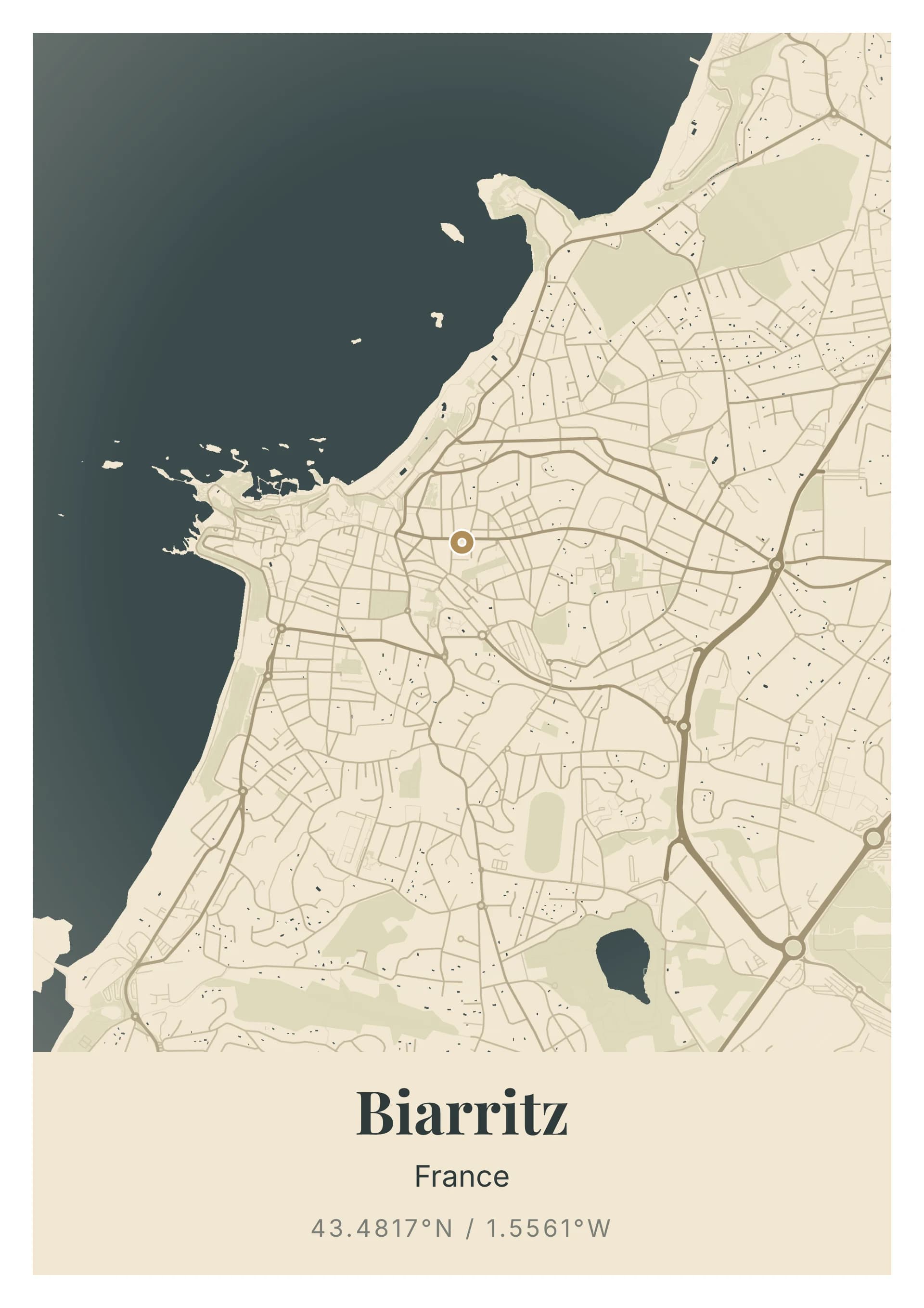 Affiche de Biarritz, d’après la carte réelle, palette Flysch, fond Épuré