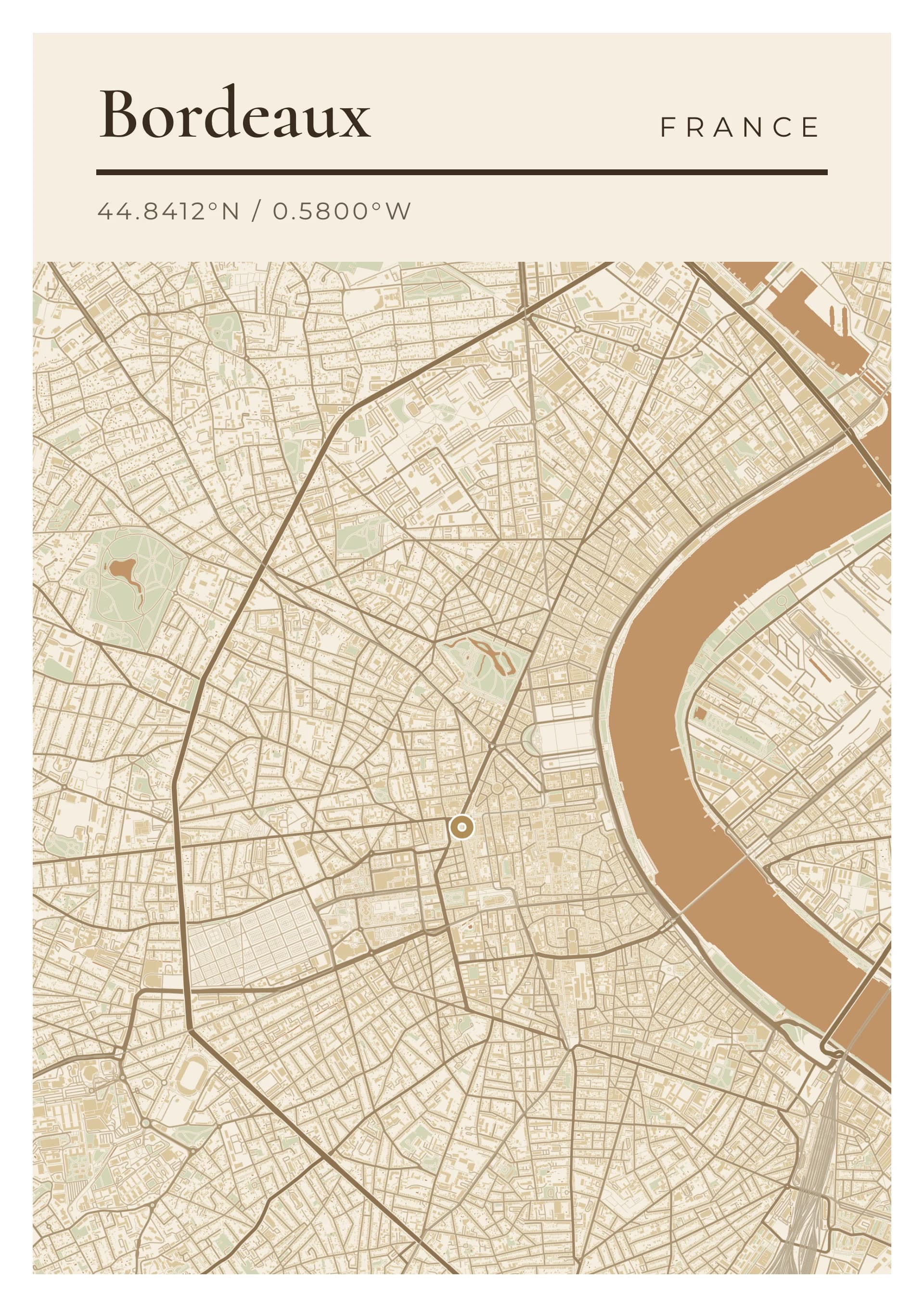 Affiche de Bordeaux, d’après la carte réelle, palette Port de la Lune, fond Détaillé