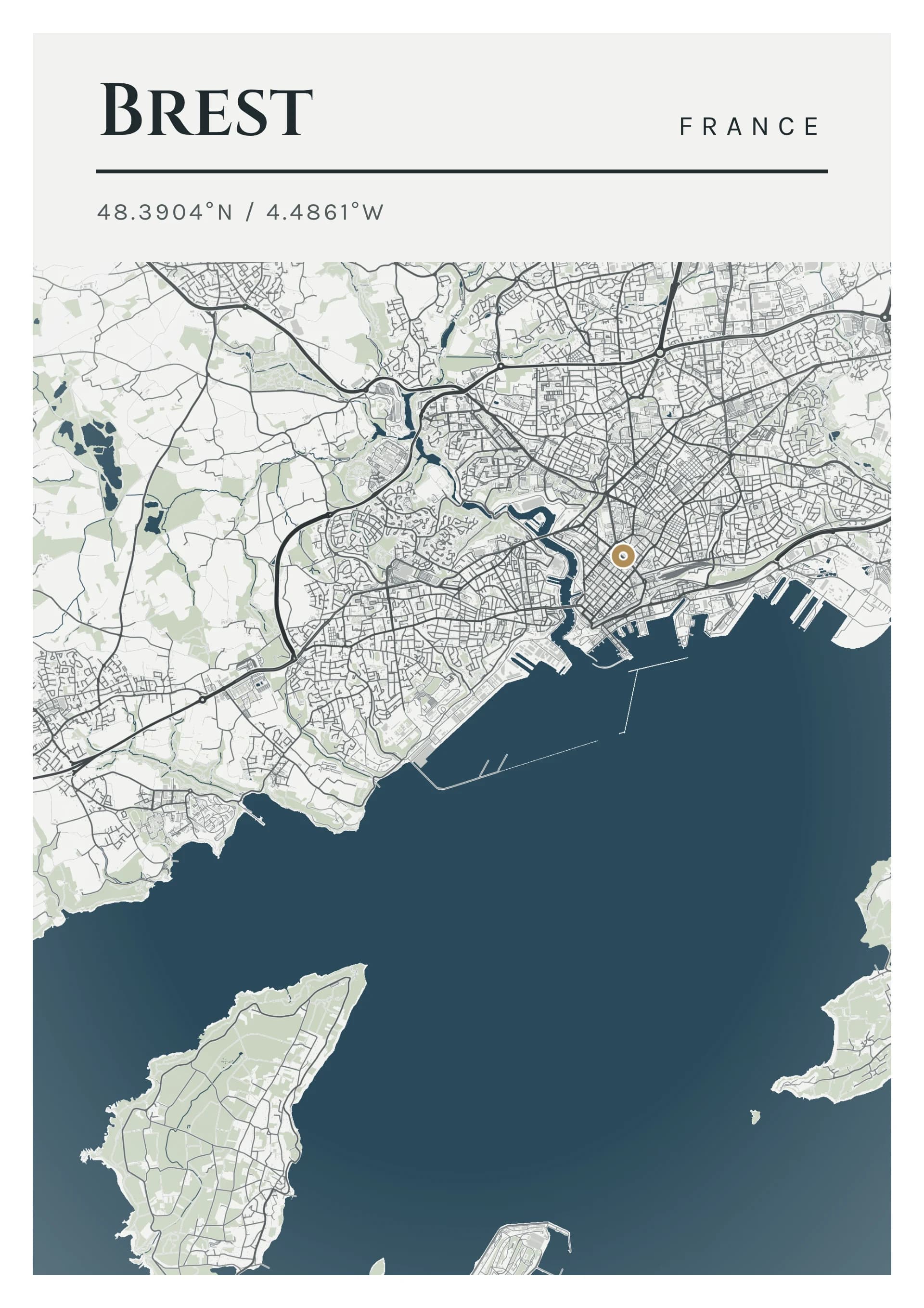 Affiche de Brest, d’après la carte réelle, palette Kersanton, fond Détaillé