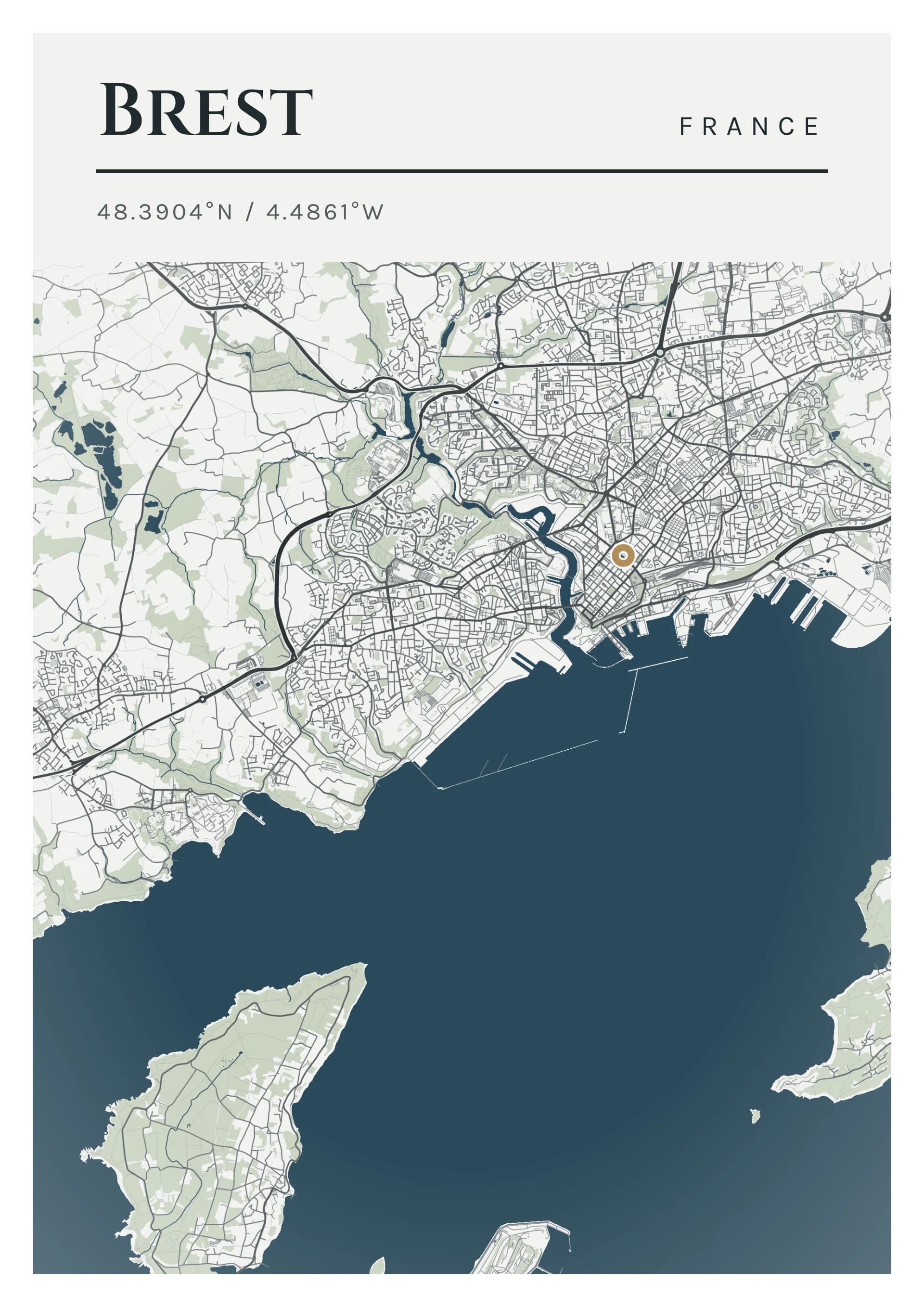 Affiche de Brest, d’après la carte réelle, palette Kersanton, fond Épuré