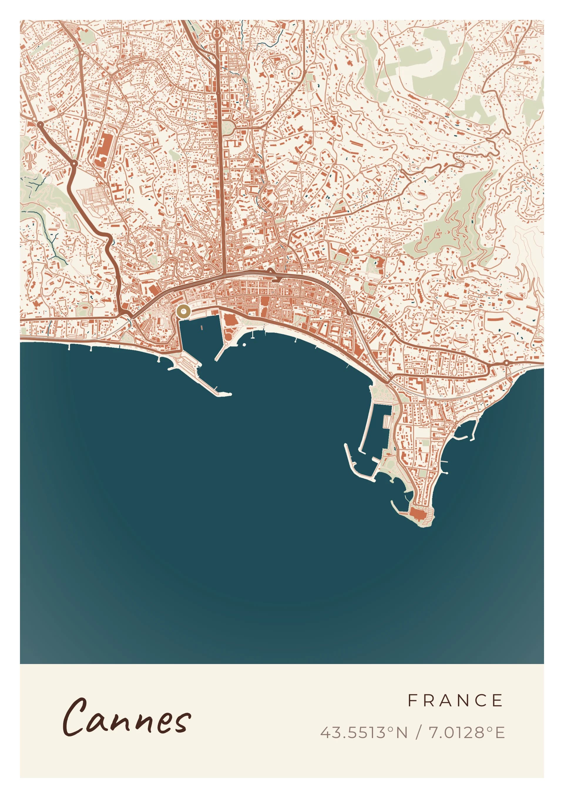 Affiche de Cannes, d’après la carte réelle, palette Tuile du Suquet, fond Détaillé