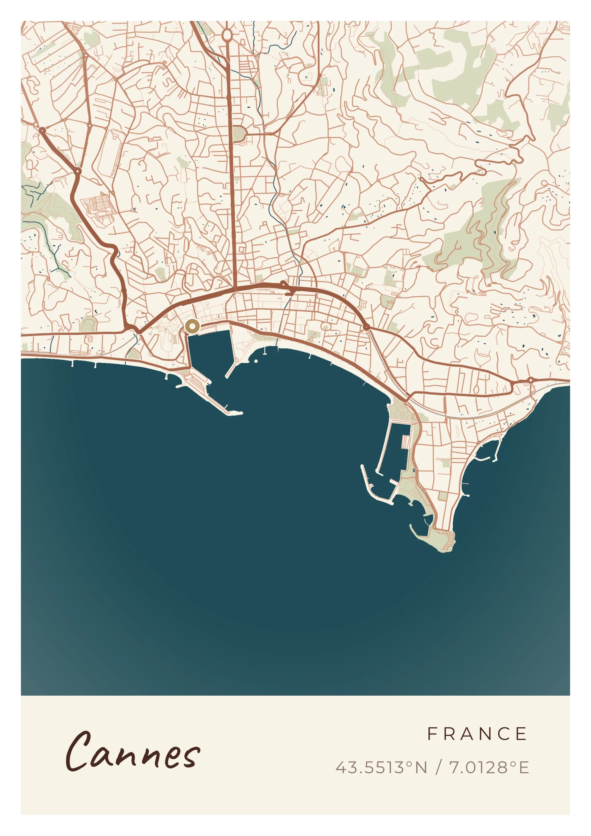 Affiche de Cannes, d’après la carte réelle, palette Tuile du Suquet, fond Épuré