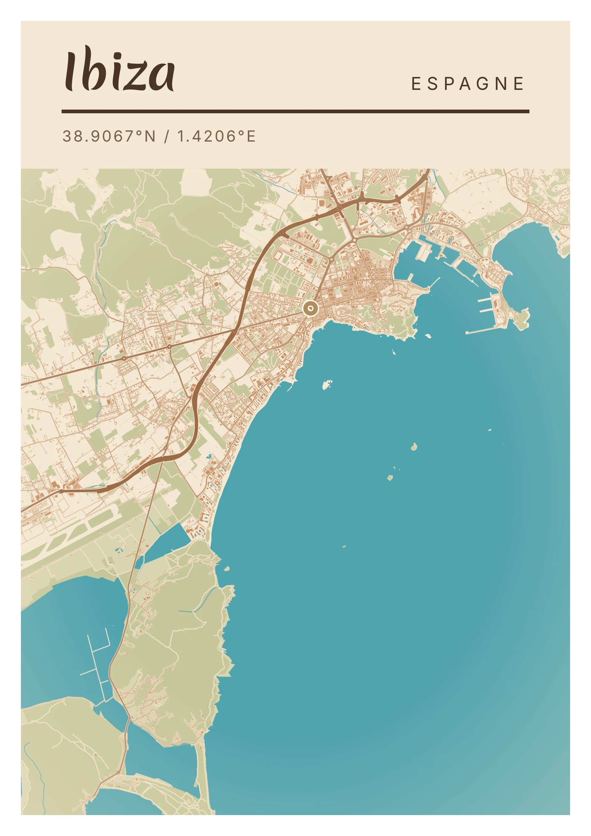 Affiche d’Ibiza, d’après la carte réelle, palette Chaux et sable, fond Détaillé