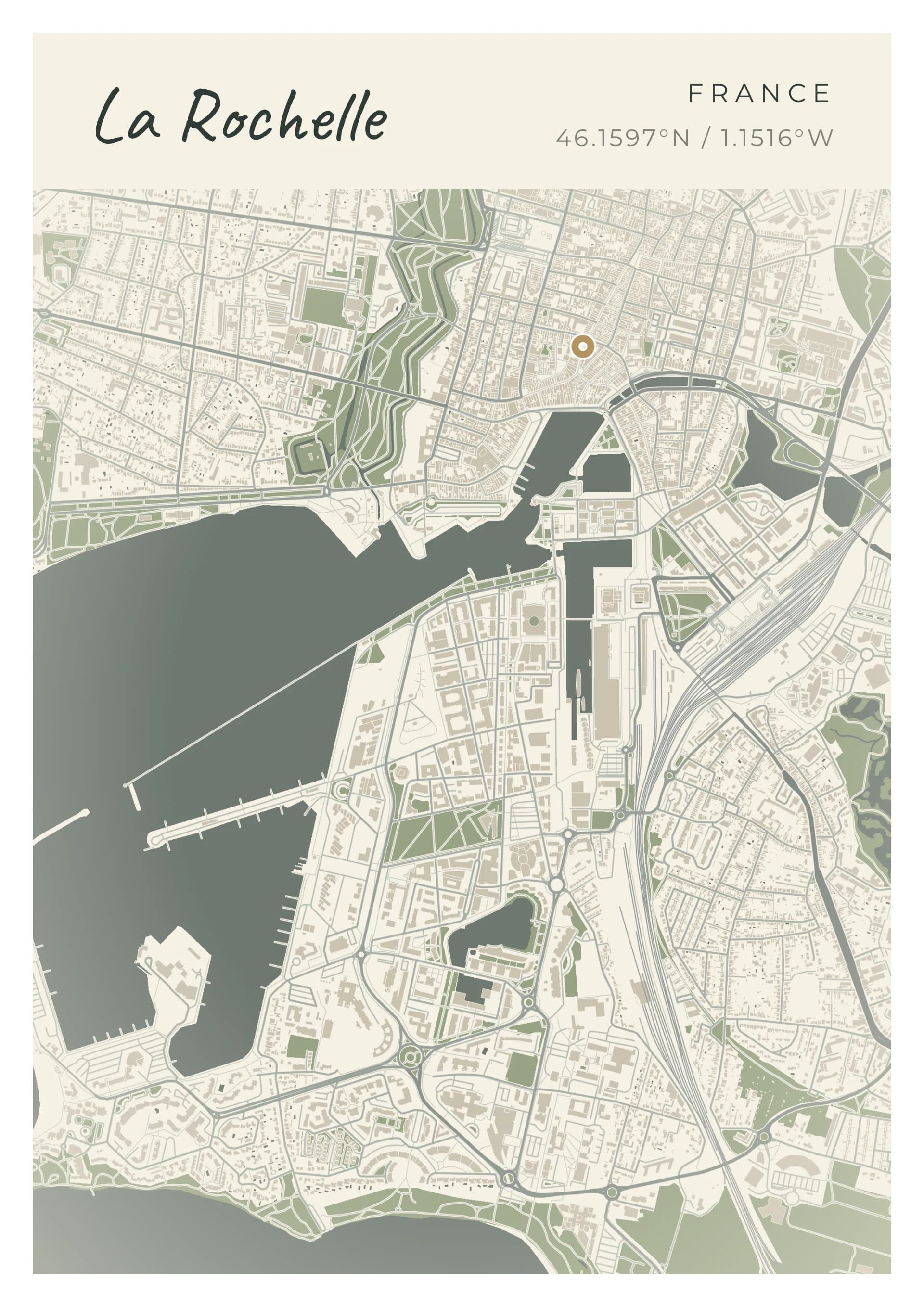 Affiche de La Rochelle, d’après la carte réelle, palette Marée basse, fond Détaillé