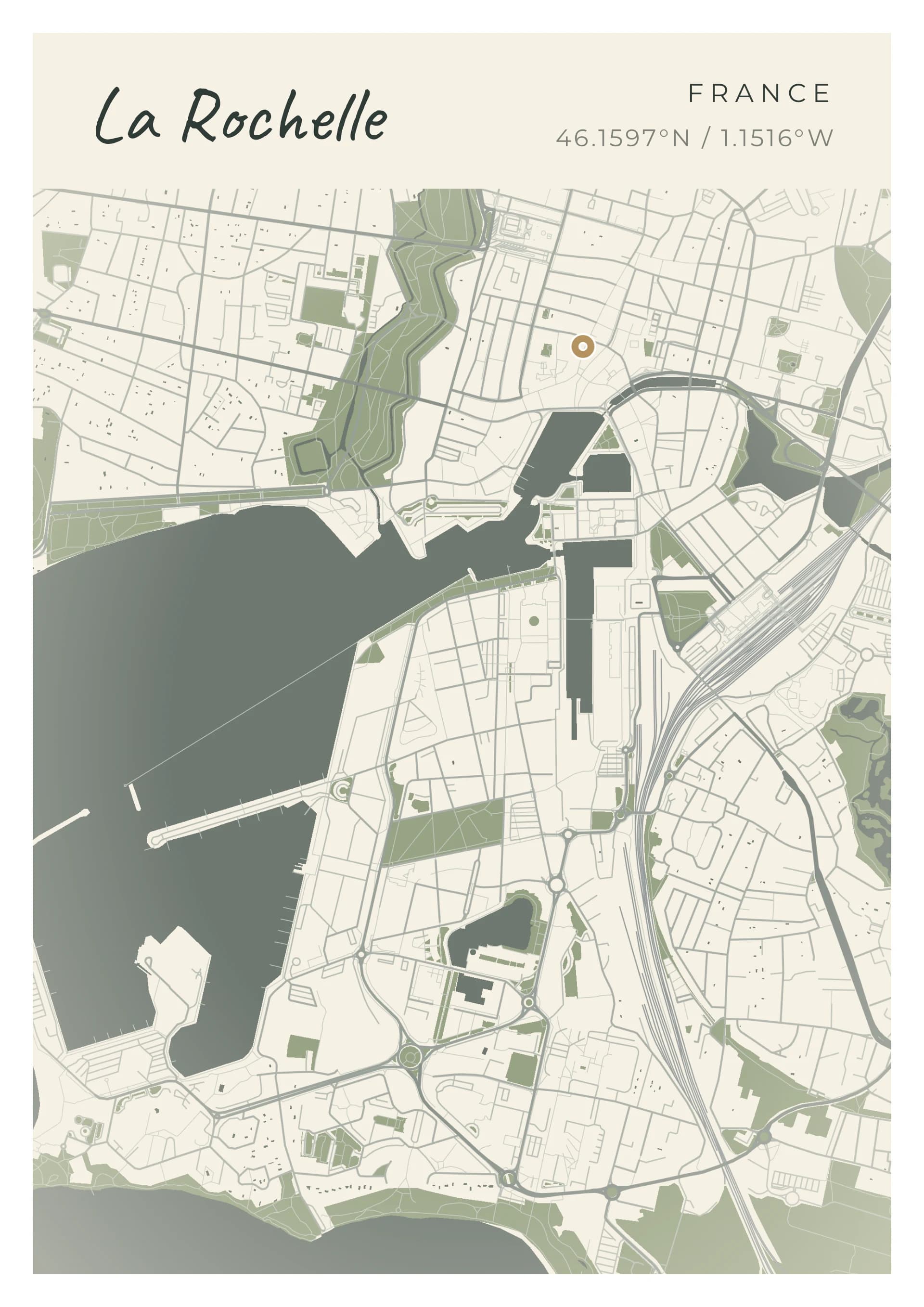 Affiche de La Rochelle, d’après la carte réelle, palette Marée basse, fond Épuré