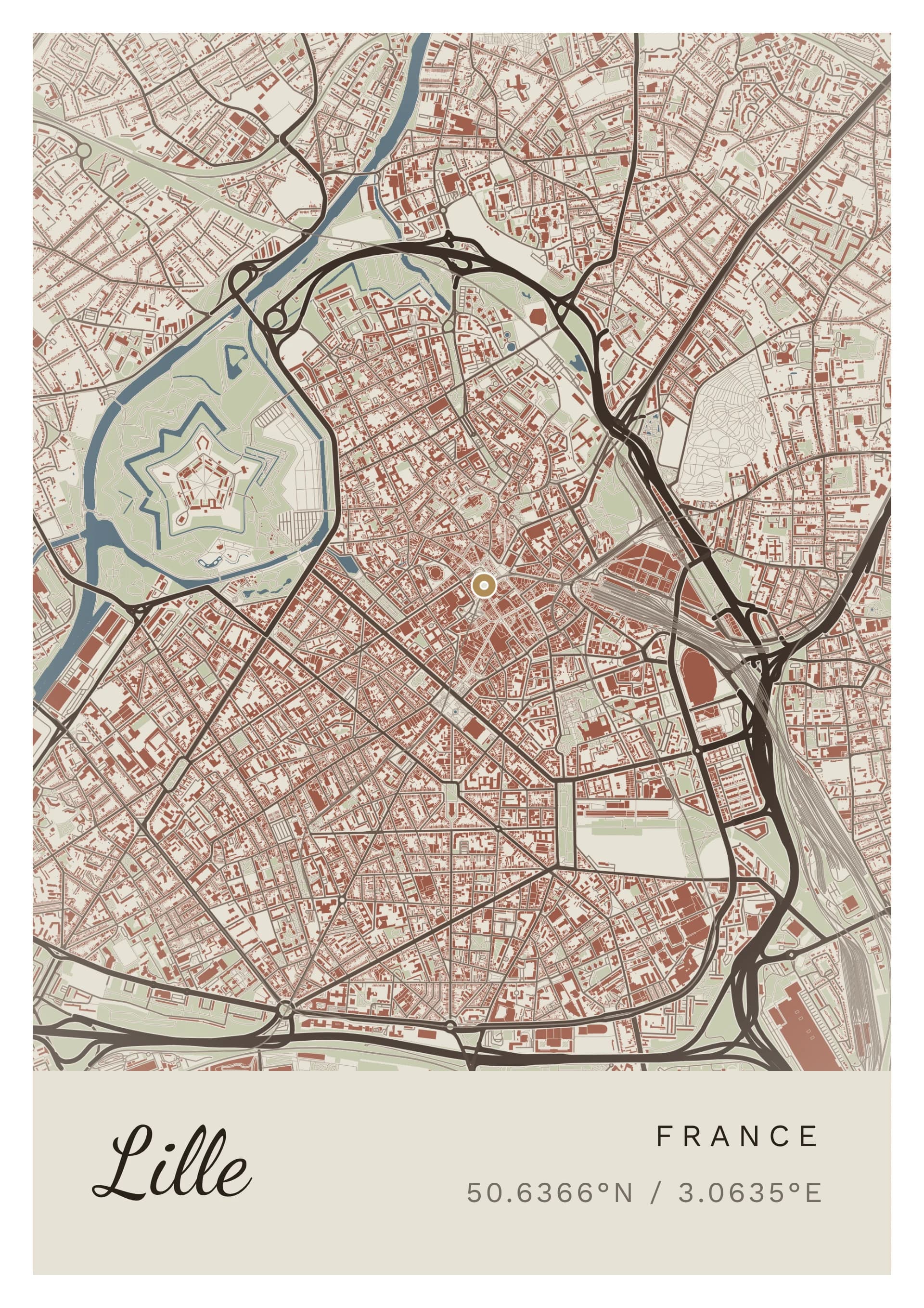 Affiche de Lille, d’après la carte réelle, palette Pierre de Lezennes, fond Détaillé