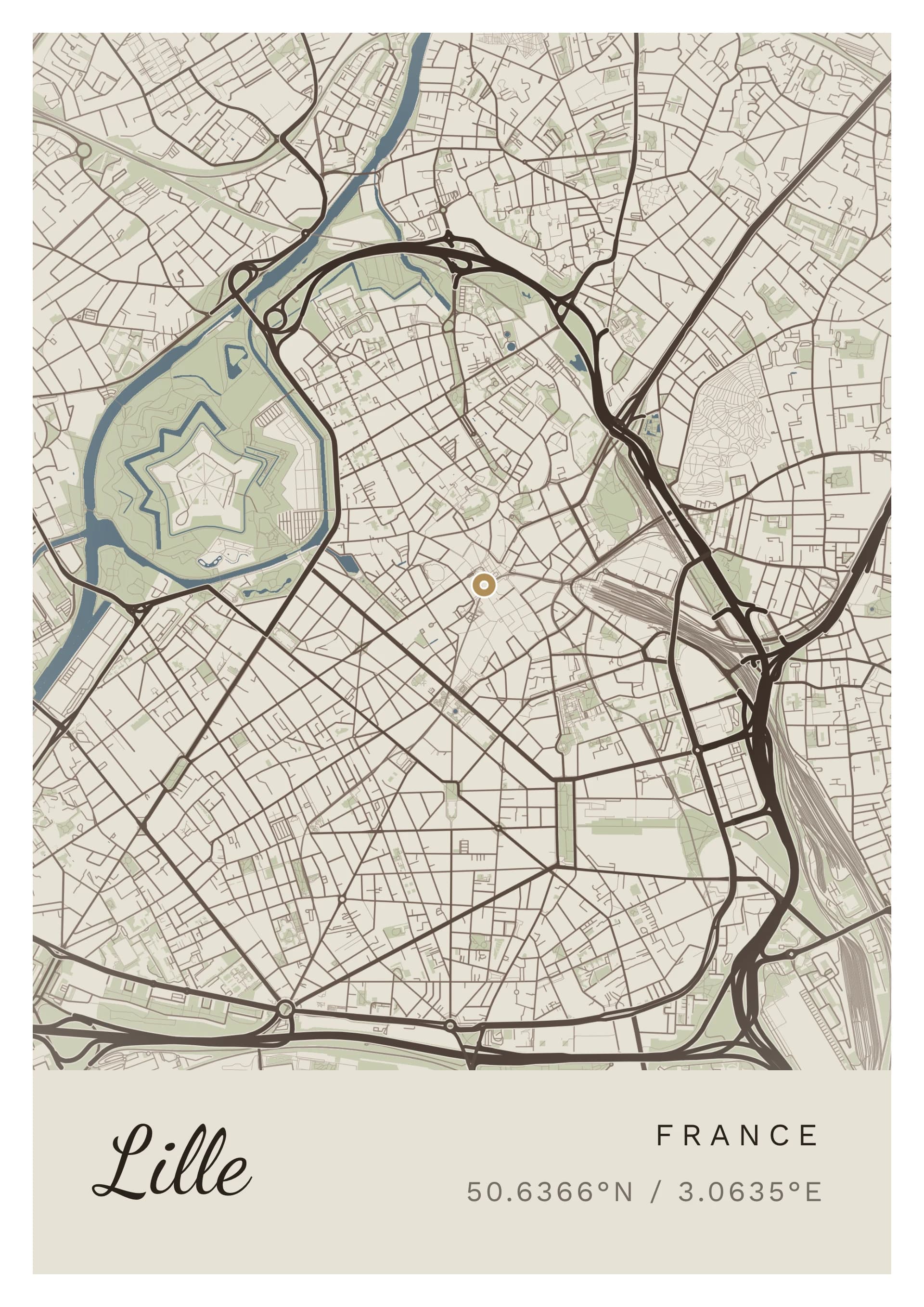 Affiche de Lille, d’après la carte réelle, palette Pierre de Lezennes, fond Épuré