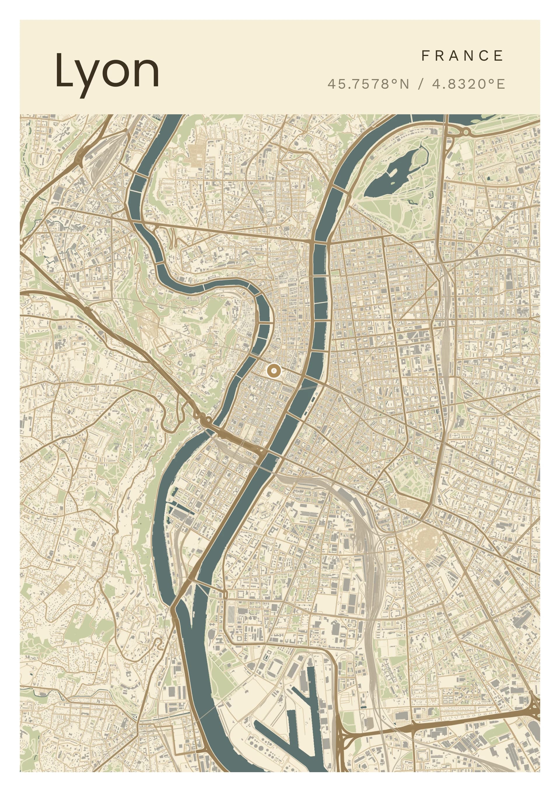 Affiche de Lyon, d’après la carte réelle, palette Pierre dorée, fond Détaillé